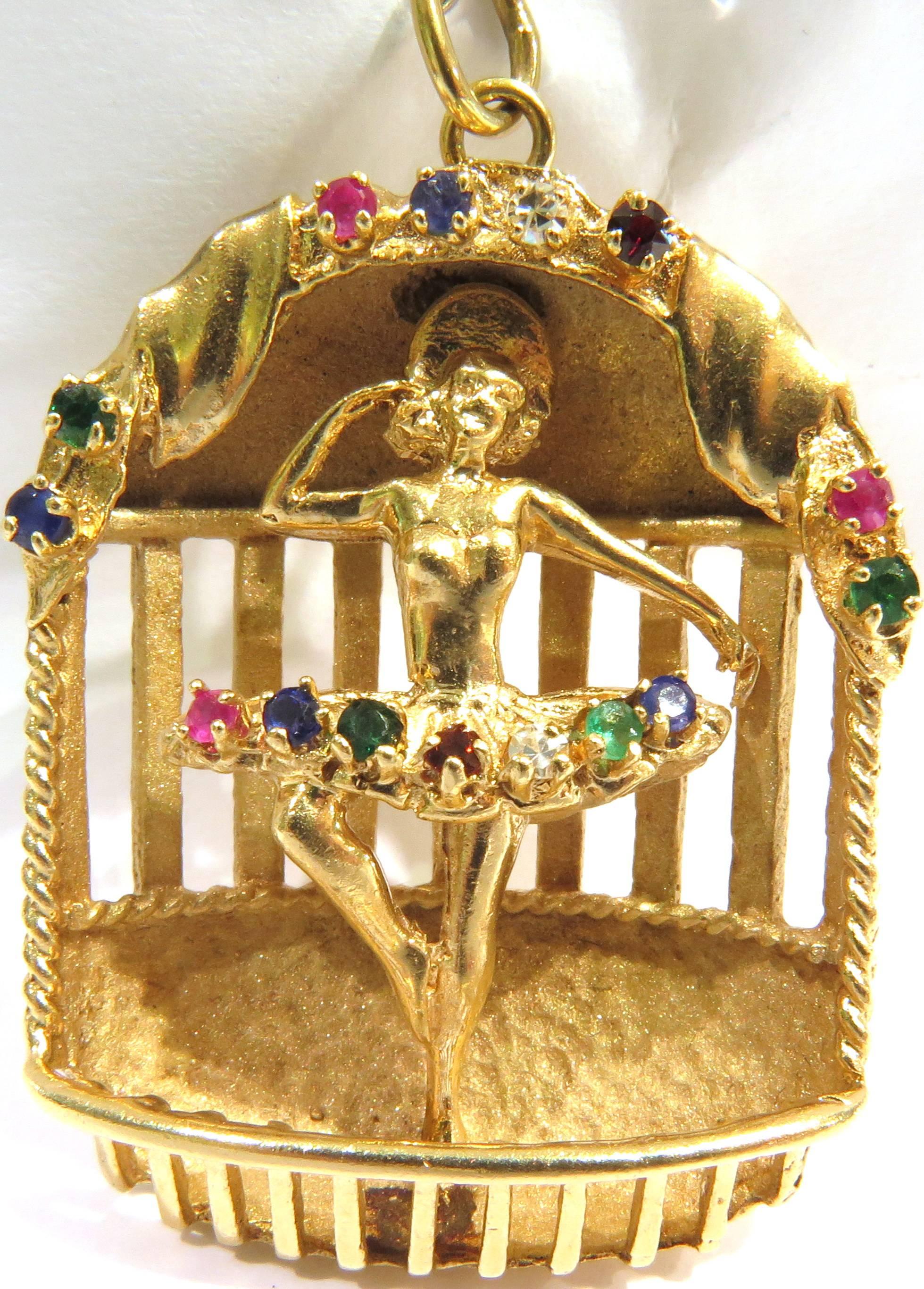 Large Ballerina Multi Gemstones Gold Charm Pendant Large In Excellent Condition In Palm Beach, FL