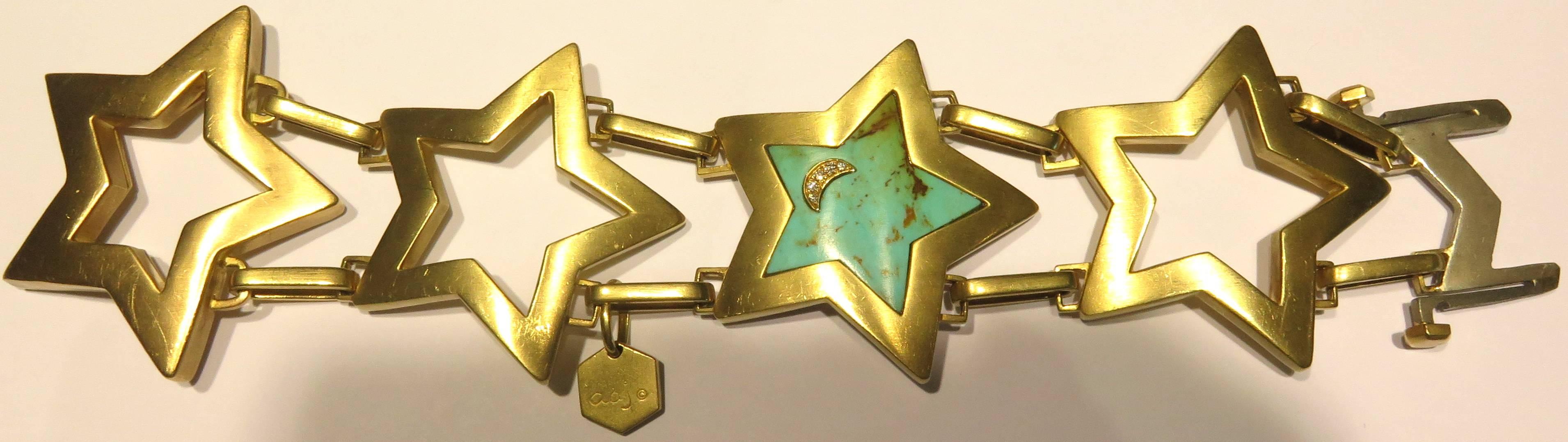 This fabulous, all 18k gold bracelet by Ann Dexter-Jones definitely makes a bold statement. Her pieces are worn by Kate Moss, Mick Jagger, Ellen Degeneres and Rhianna, just to name a few. This incredible bracelet is named The Starry Night in tribute