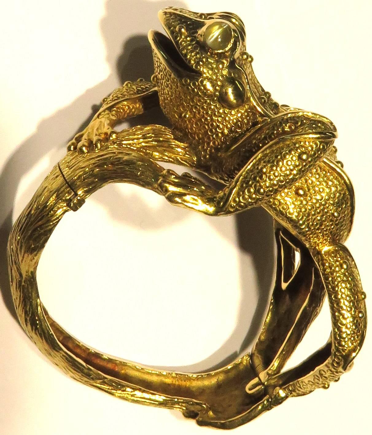 Craig Drake Colossal Chrysoberyl Cats Eye Gold Frog Hinged Bangle Bracelet 2