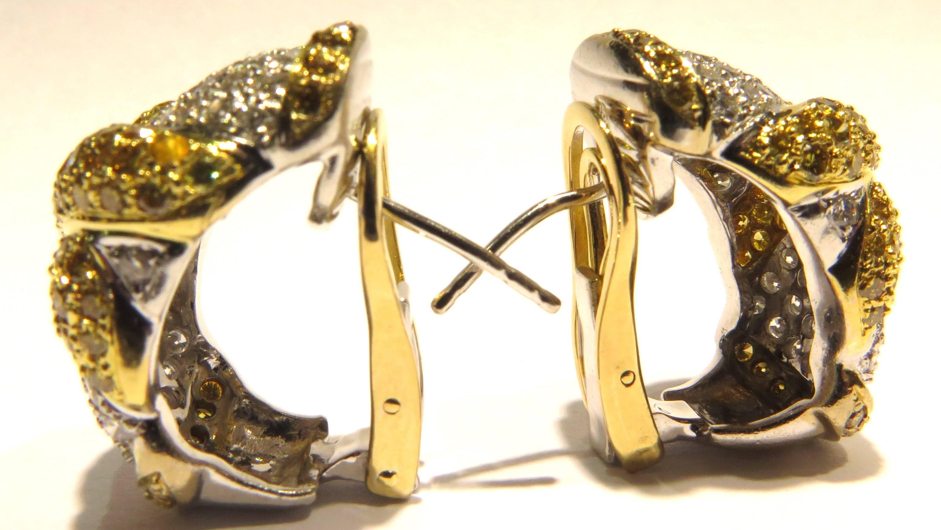 Women's or Men's Yellow and White Diamond Gold Lever Back Post Earrings