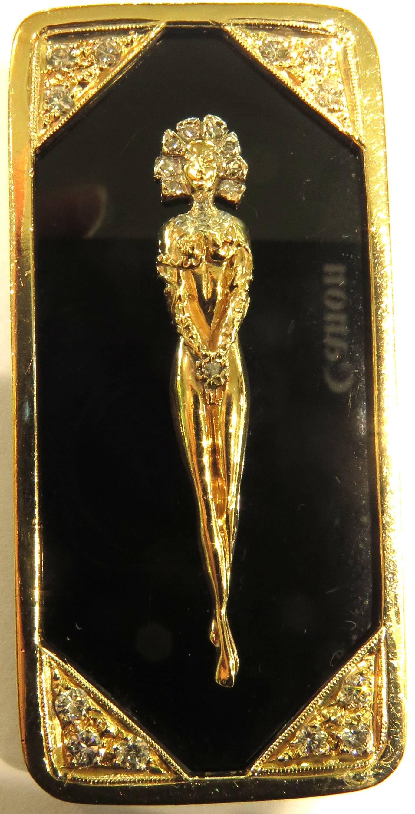 Onyx Diamond Nude Woman Gold Pin Pendant For Sale 1