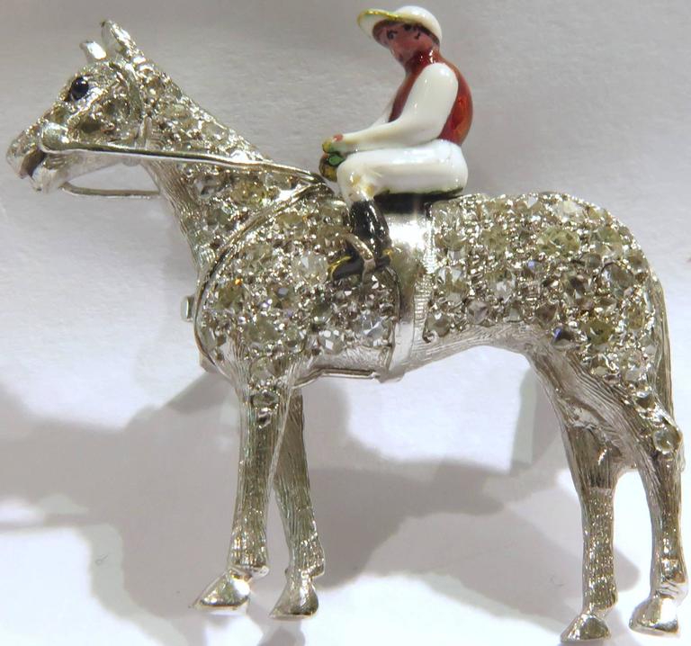 Diamond Enamel Horse and Rider Platinum Art Deco Equestrian Pin For