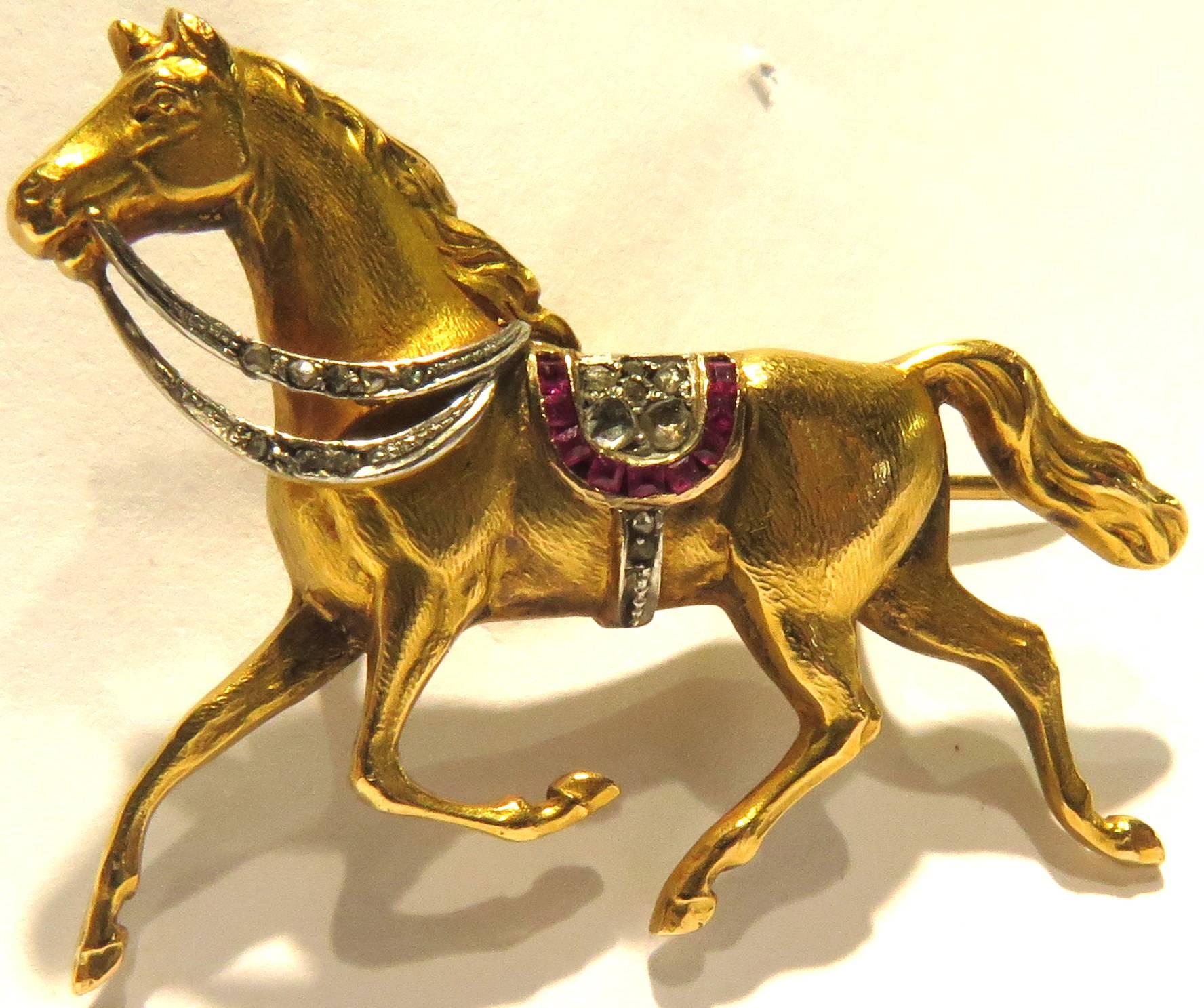 Exceptional Early Art Deco Horse Gold and Platinum Full Figured Diamond Ruby Pin In Excellent Condition In Palm Beach, FL