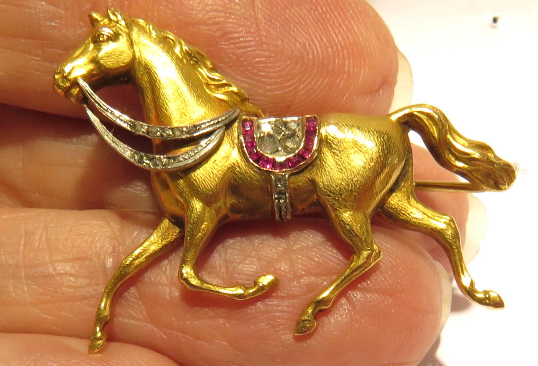 Exceptional Early Art Deco Horse Gold and Platinum Full Figured Diamond Ruby Pin 3