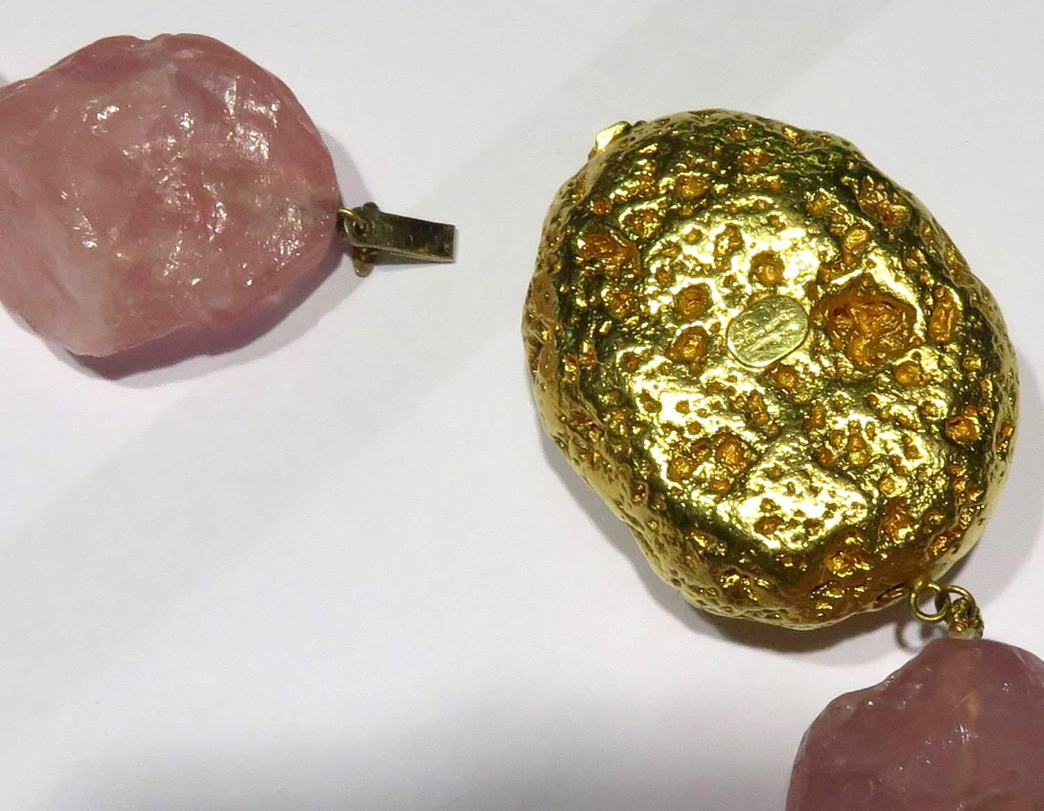 Women's or Men's Sergio Elefante Rose Quartz Bead Gold Nugget Necklace