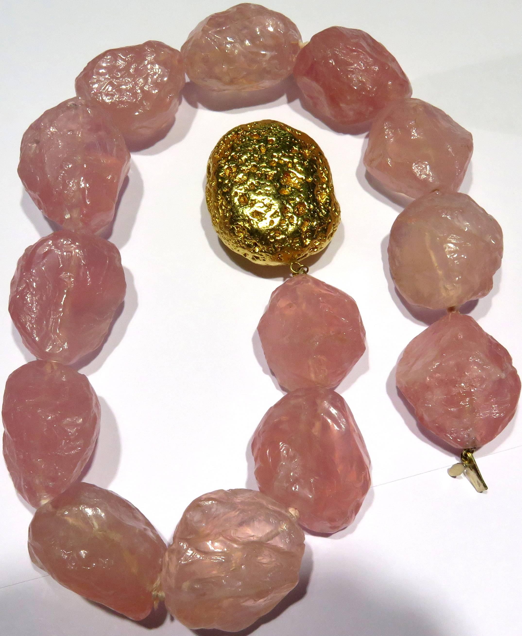 Sergio Elefante Rose Quartz Bead Gold Nugget Necklace 2
