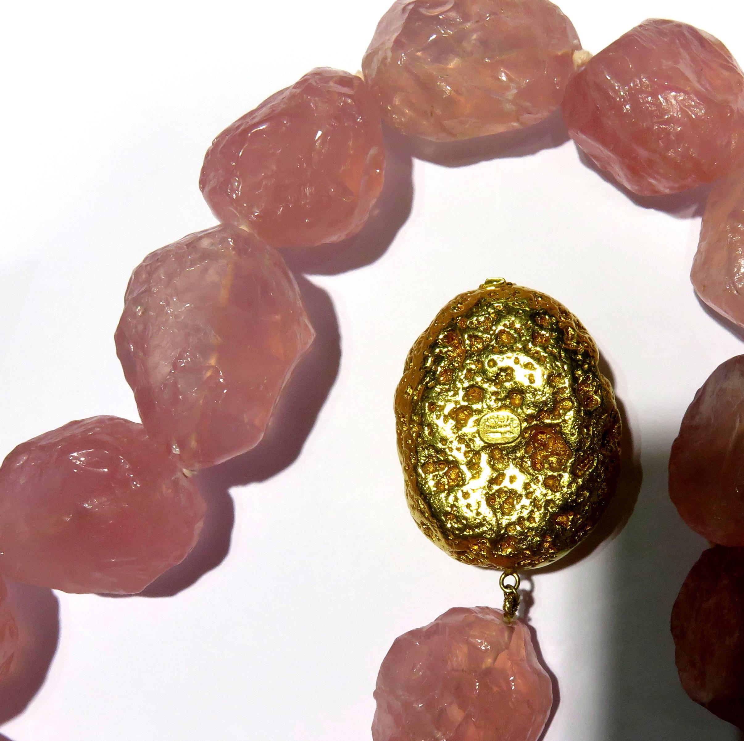 Sergio Elefante Rose Quartz Bead Gold Nugget Necklace 3