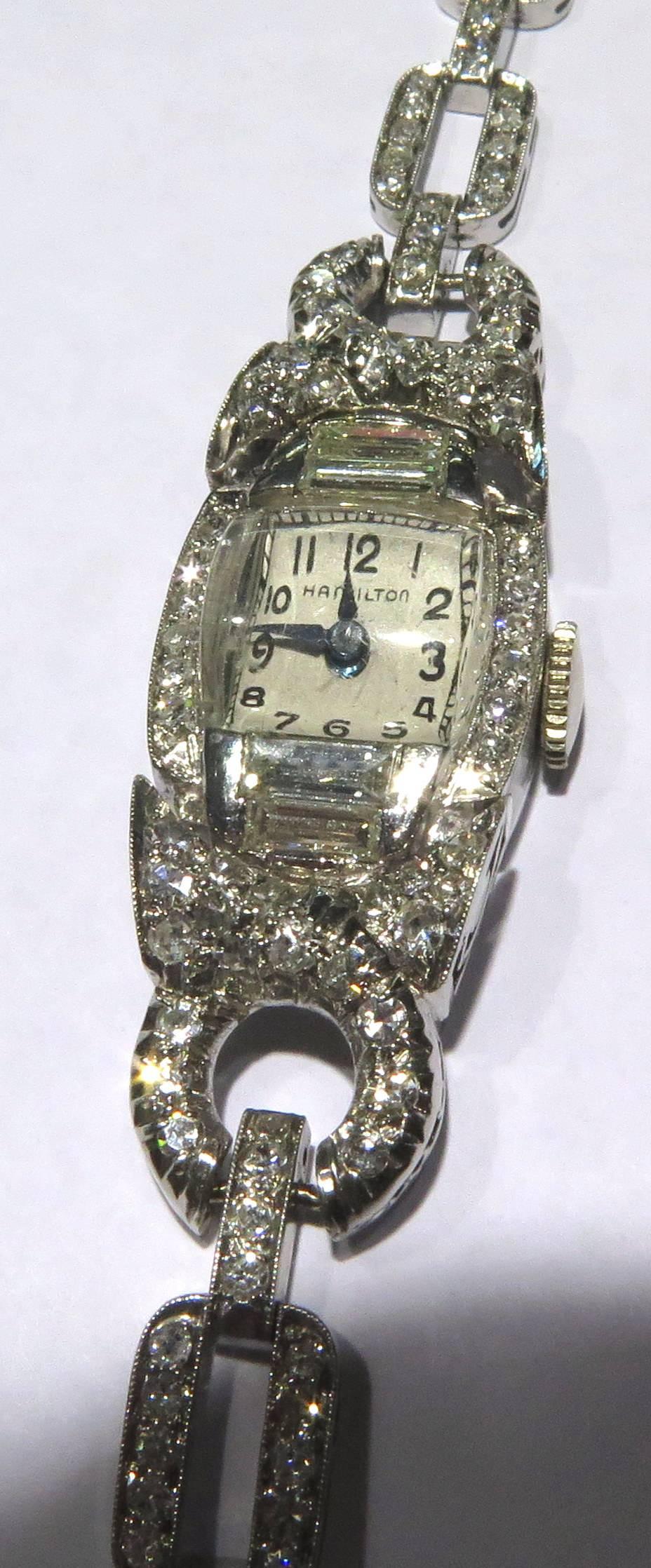 Art Deco Hamilton Ladies Platinum Diamond Wristwatch For Sale