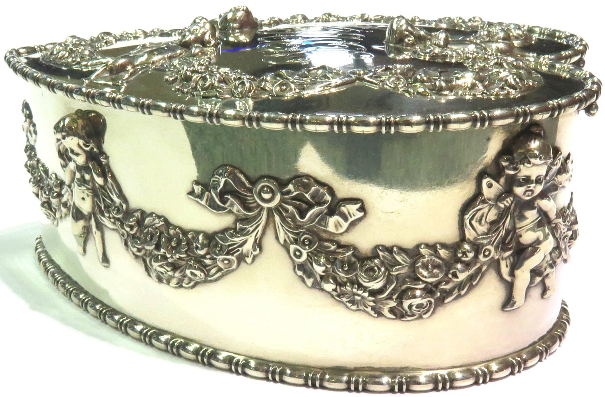 Art Nouveau Antique Howard & Co. Large Sterling Heart with Cherubs Jewelry Box For Sale