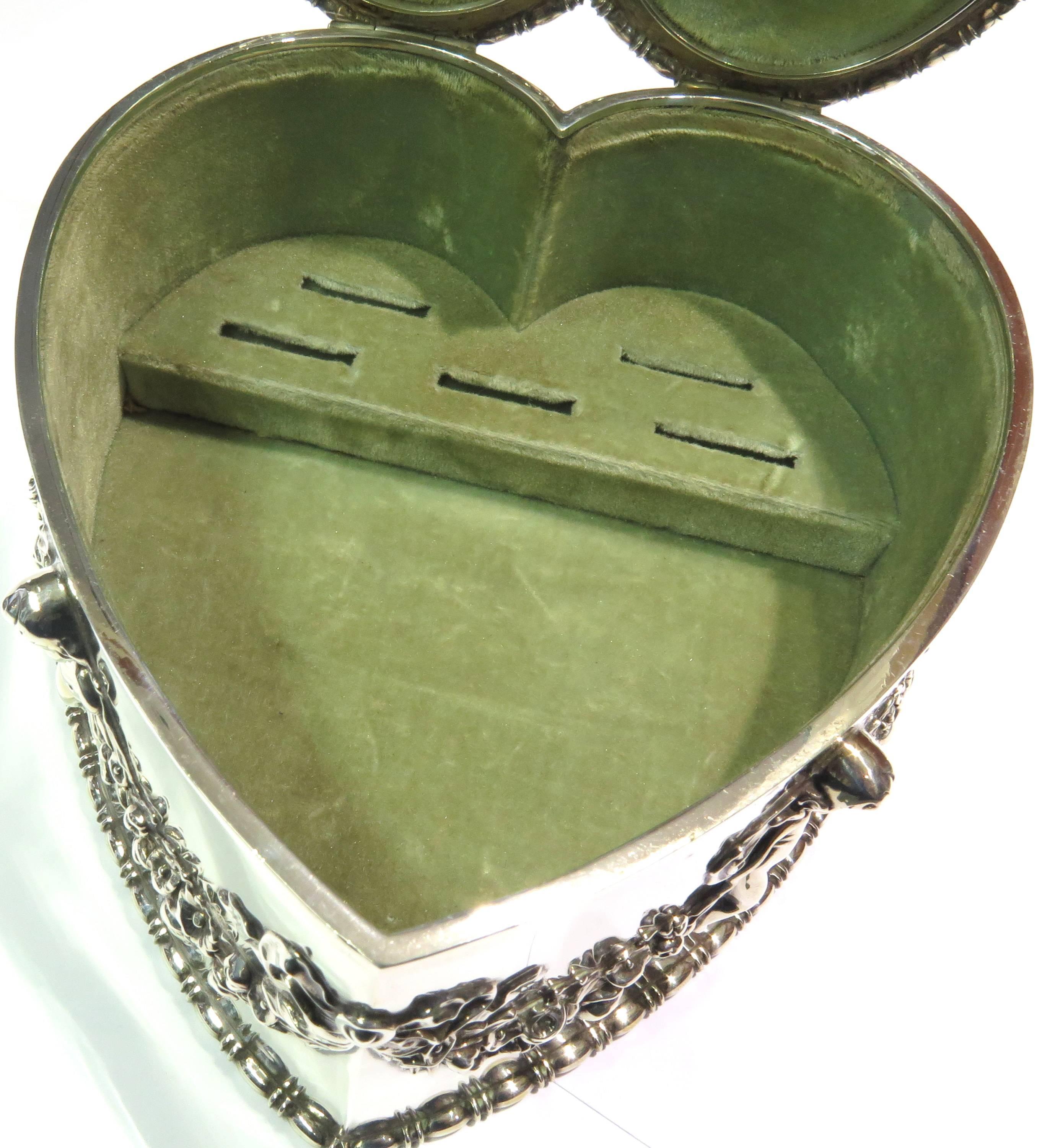 Women's or Men's Antique Howard & Co. Large Sterling Heart with Cherubs Jewelry Box For Sale