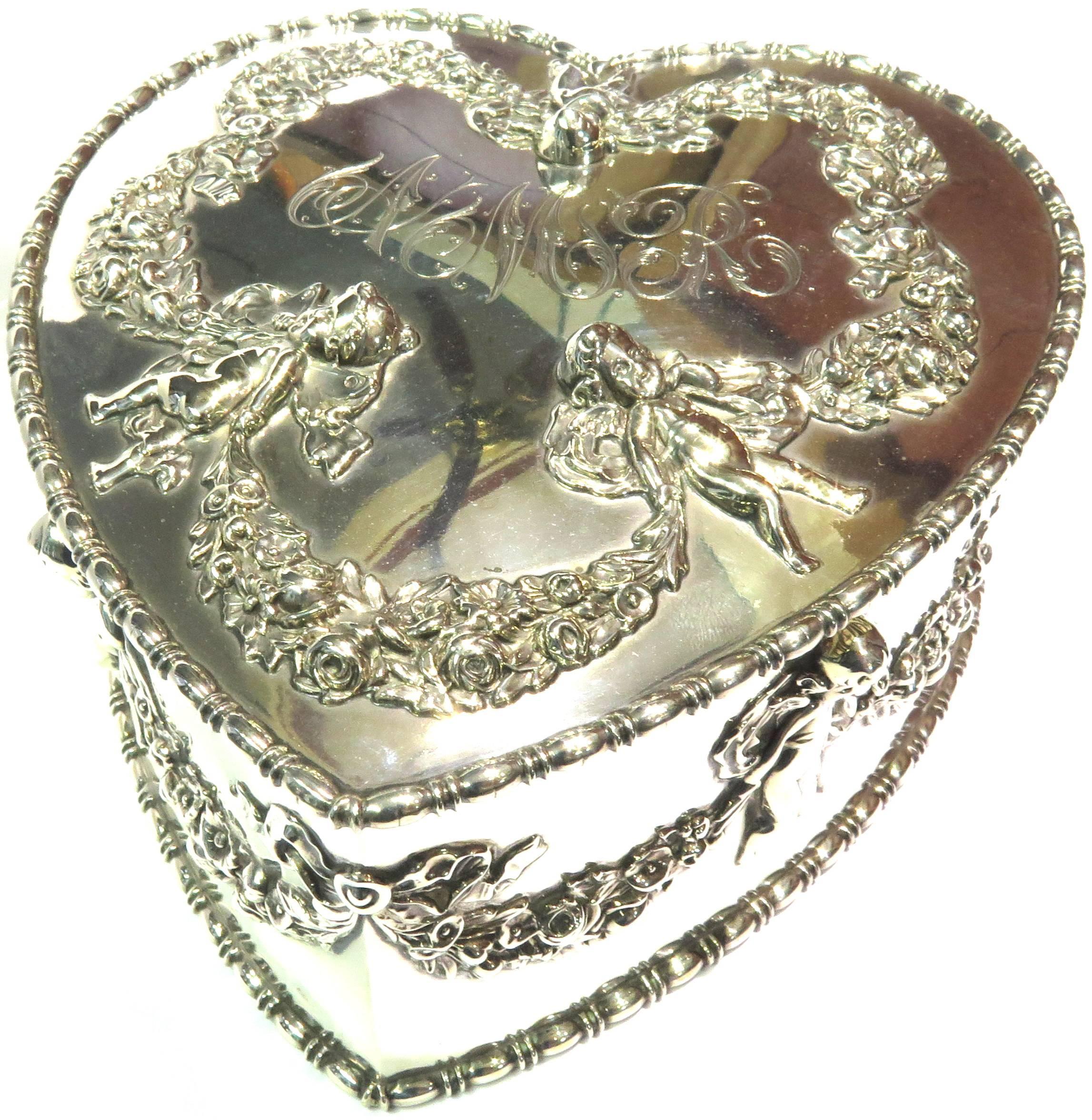 Antique Howard & Co. Large Sterling Heart with Cherubs Jewelry Box For Sale 4