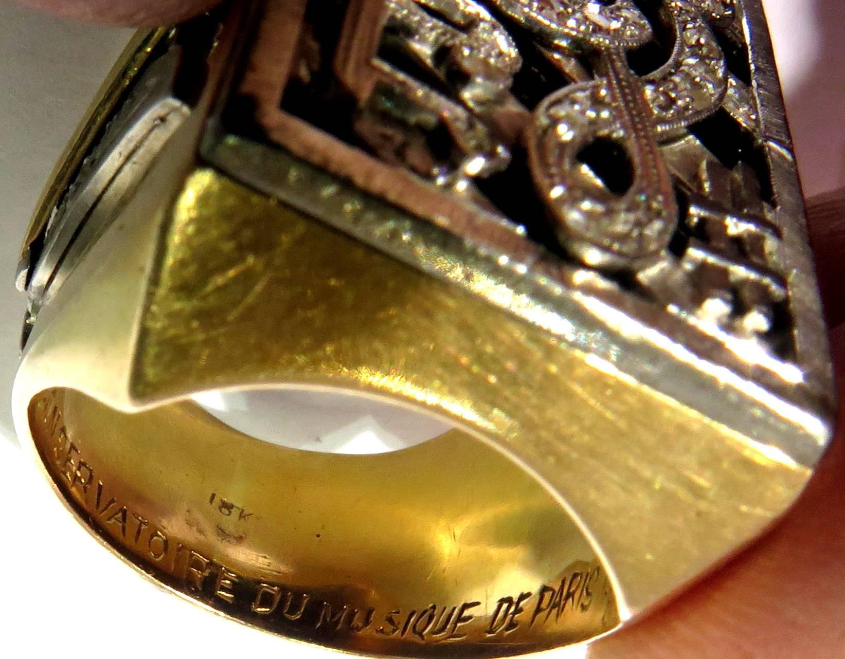 Men's Ornate 1st Prize Paris Conservatory Music 1952 Large Gold Diamond Onyx Ring For Sale
