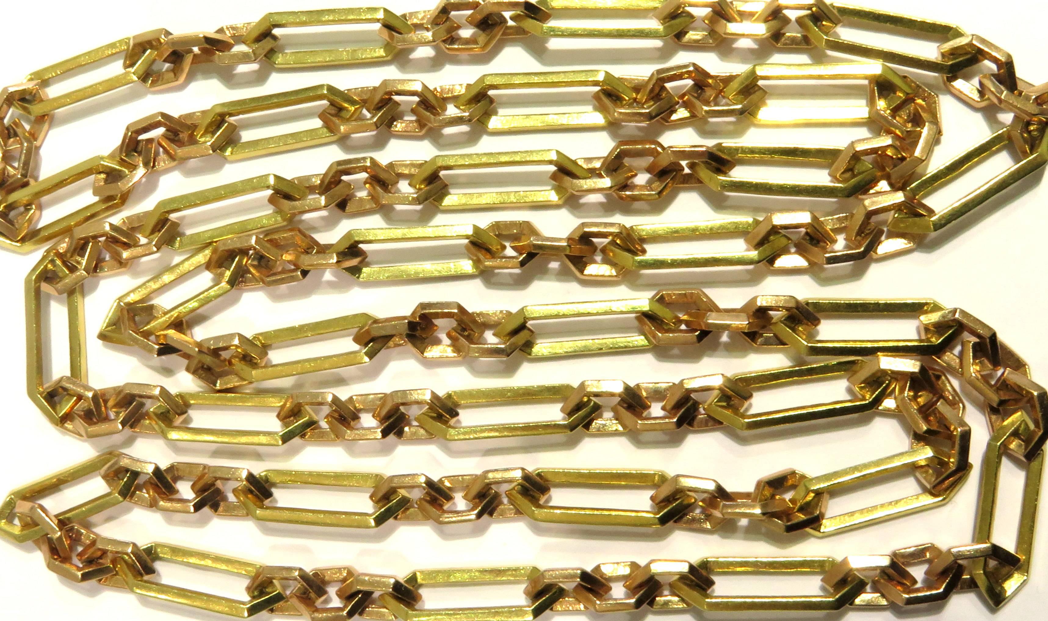 This amazing retro rose & yellow gold chain is a functional work of art! Each of the yellow gold links are solid 18k gold. Each of the rose gold links are solid 14k gold.
This fabulous link necklace was made without a clasp, but it would be very