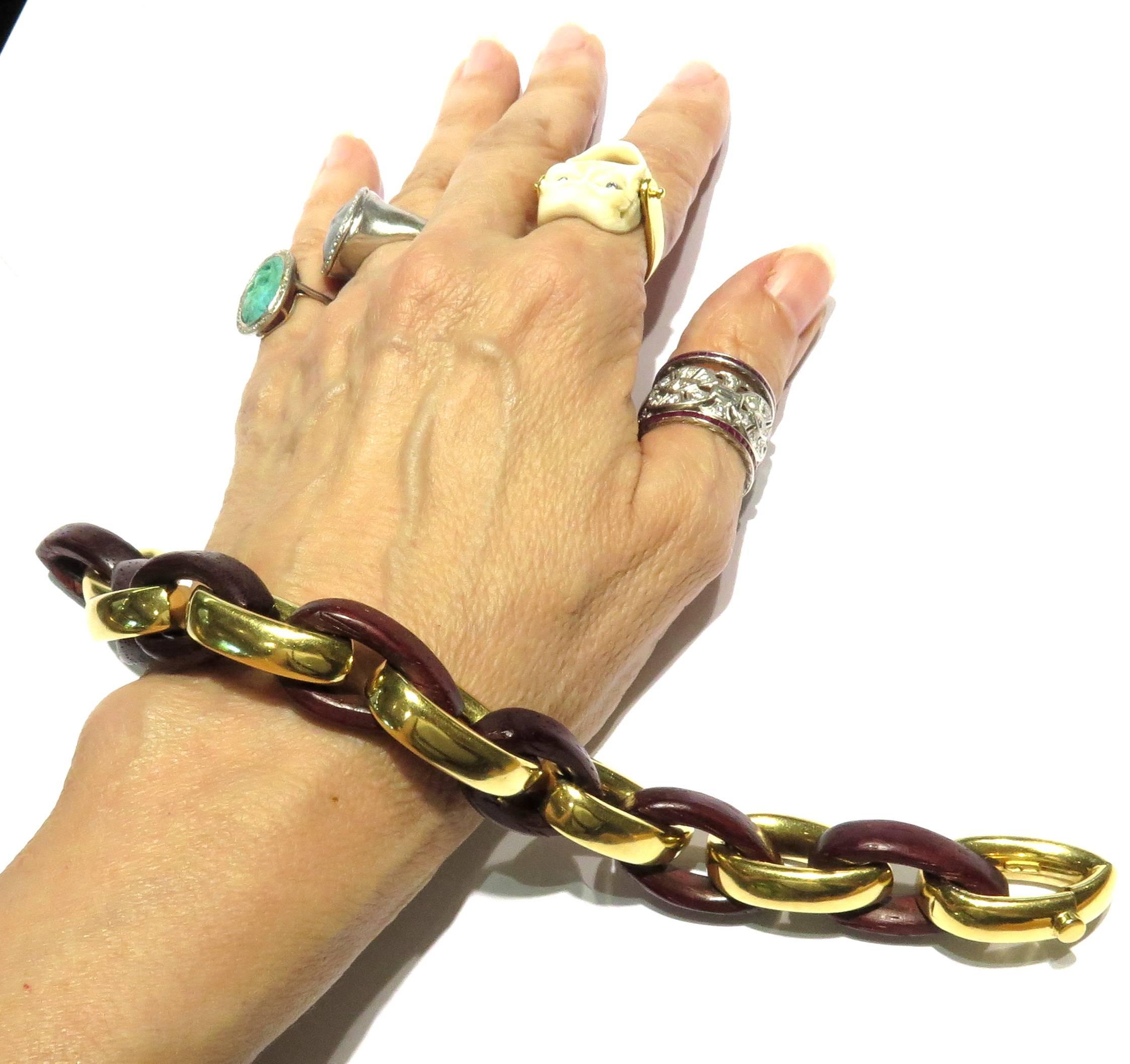 Women's or Men's Uniquely Shaped Gold Wood Large Link Bracelet