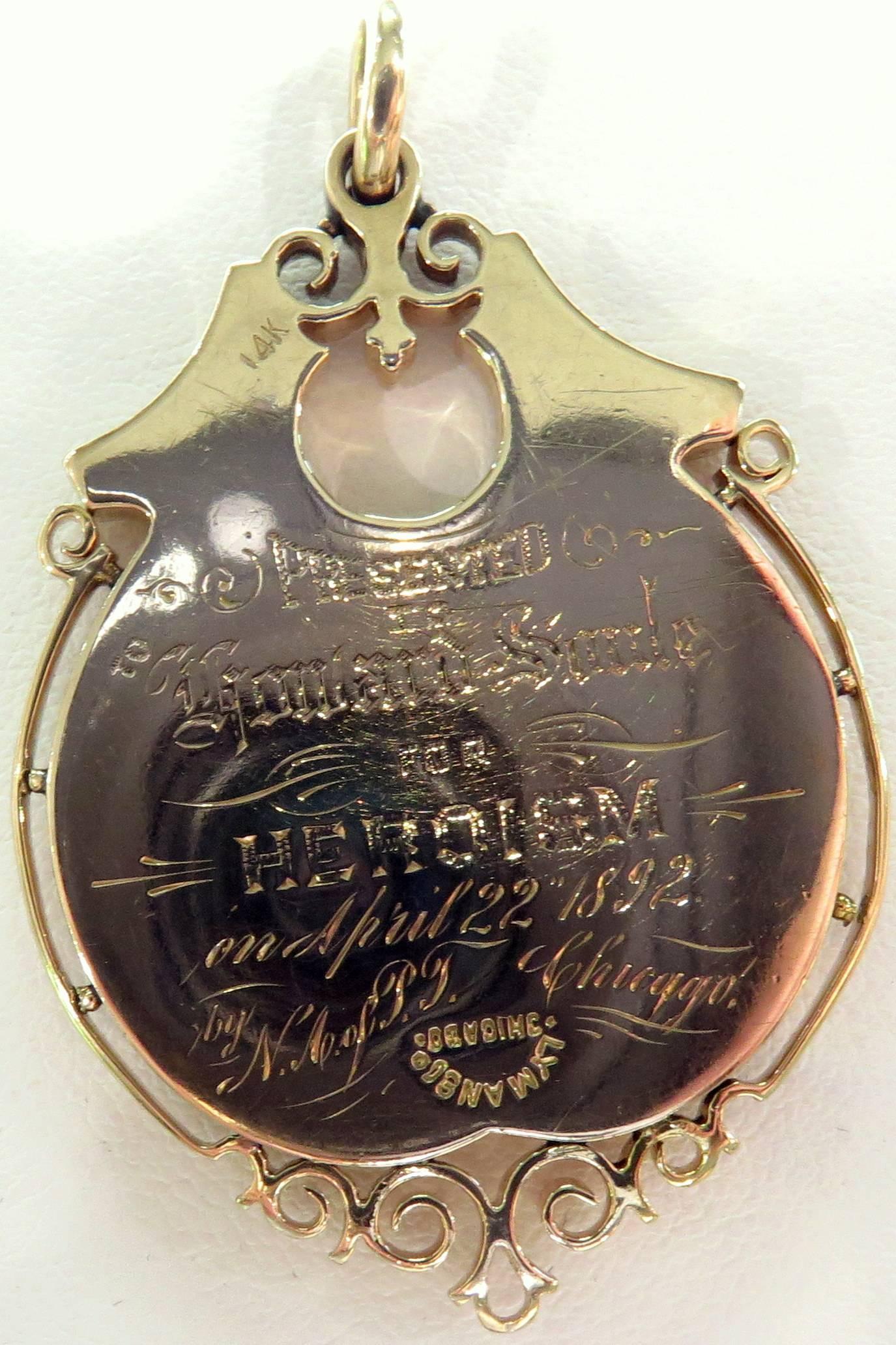 Victorian Dramatic Three Color Gold Medal for Heroism Award Pendant Dated April 22, 1892
