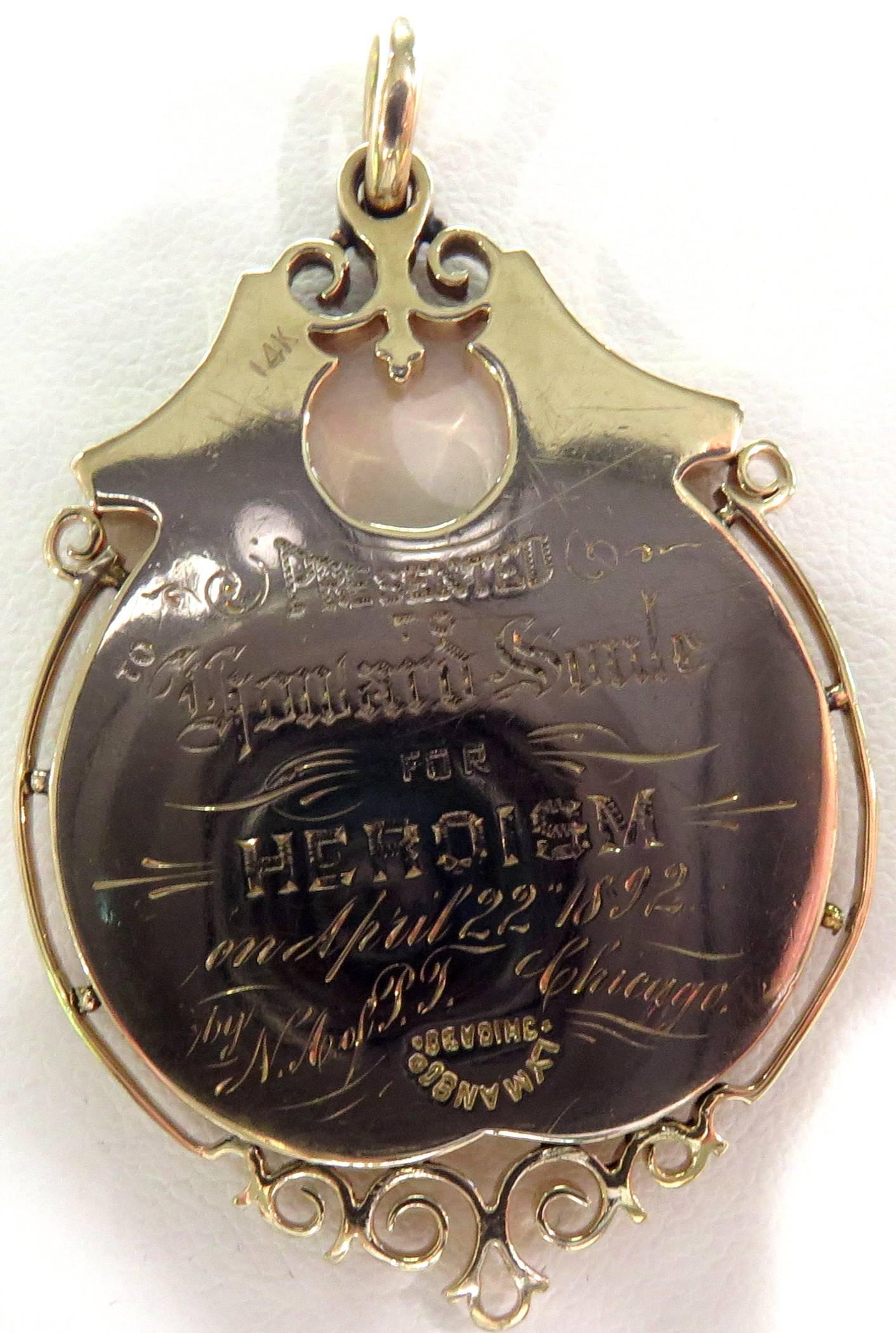 Dramatic Three Color Gold Medal for Heroism Award Pendant Dated April 22, 1892 1