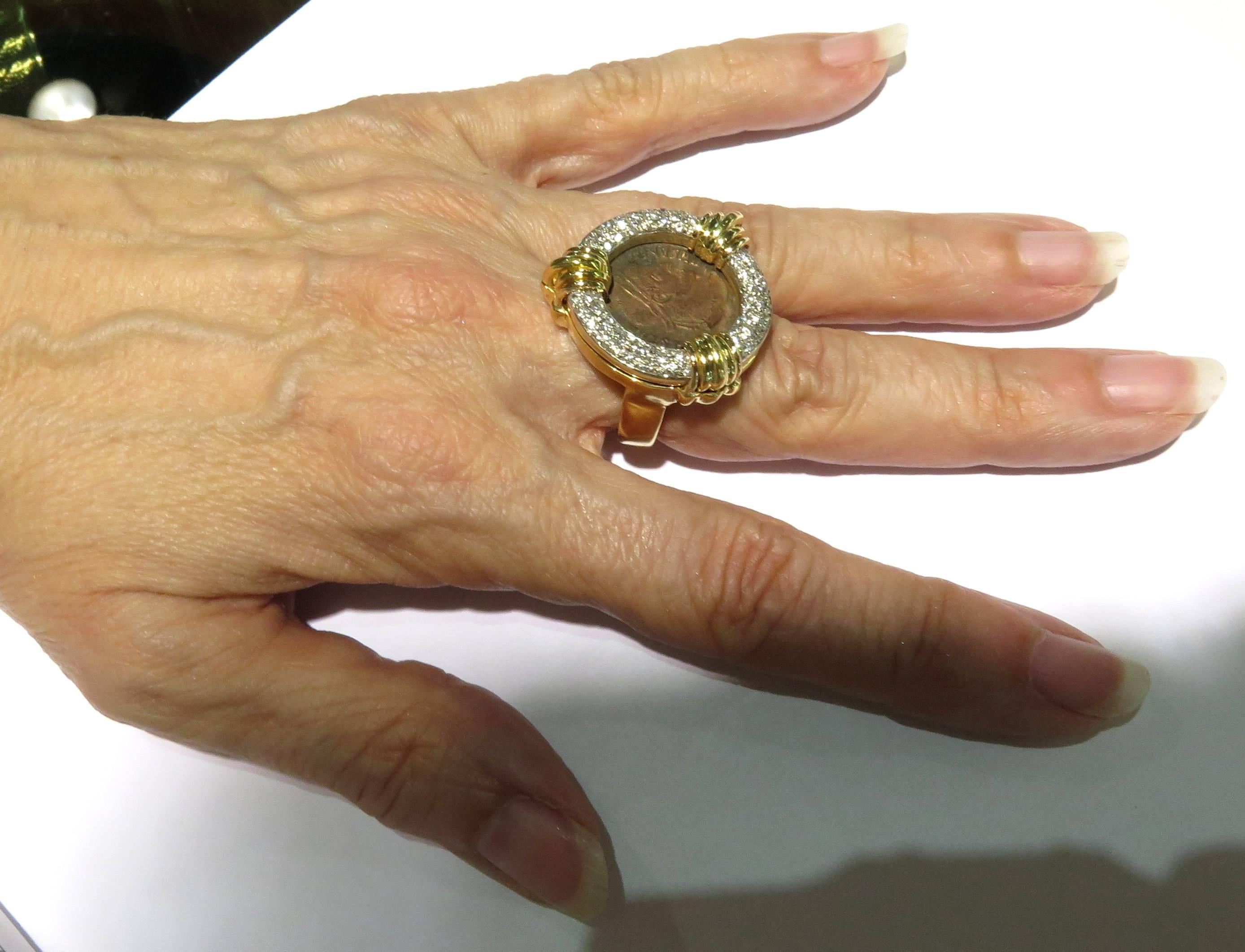 Incredible Pave Diamond Bezel Ancient Bronze Gold Coin Ring In Excellent Condition In Palm Beach, FL