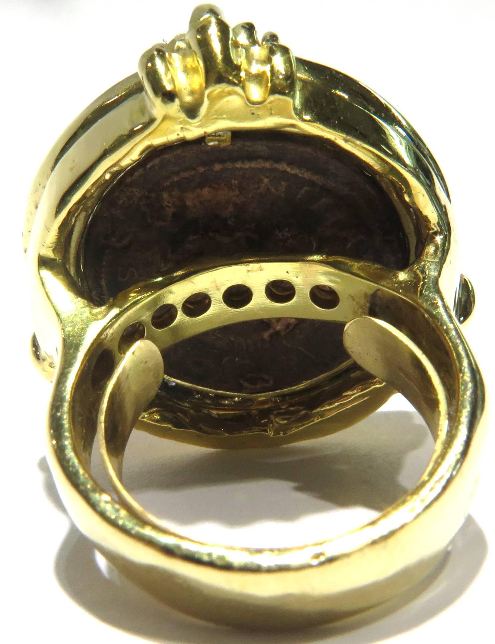 Women's or Men's Incredible Pave Diamond Bezel Ancient Bronze Gold Coin Ring