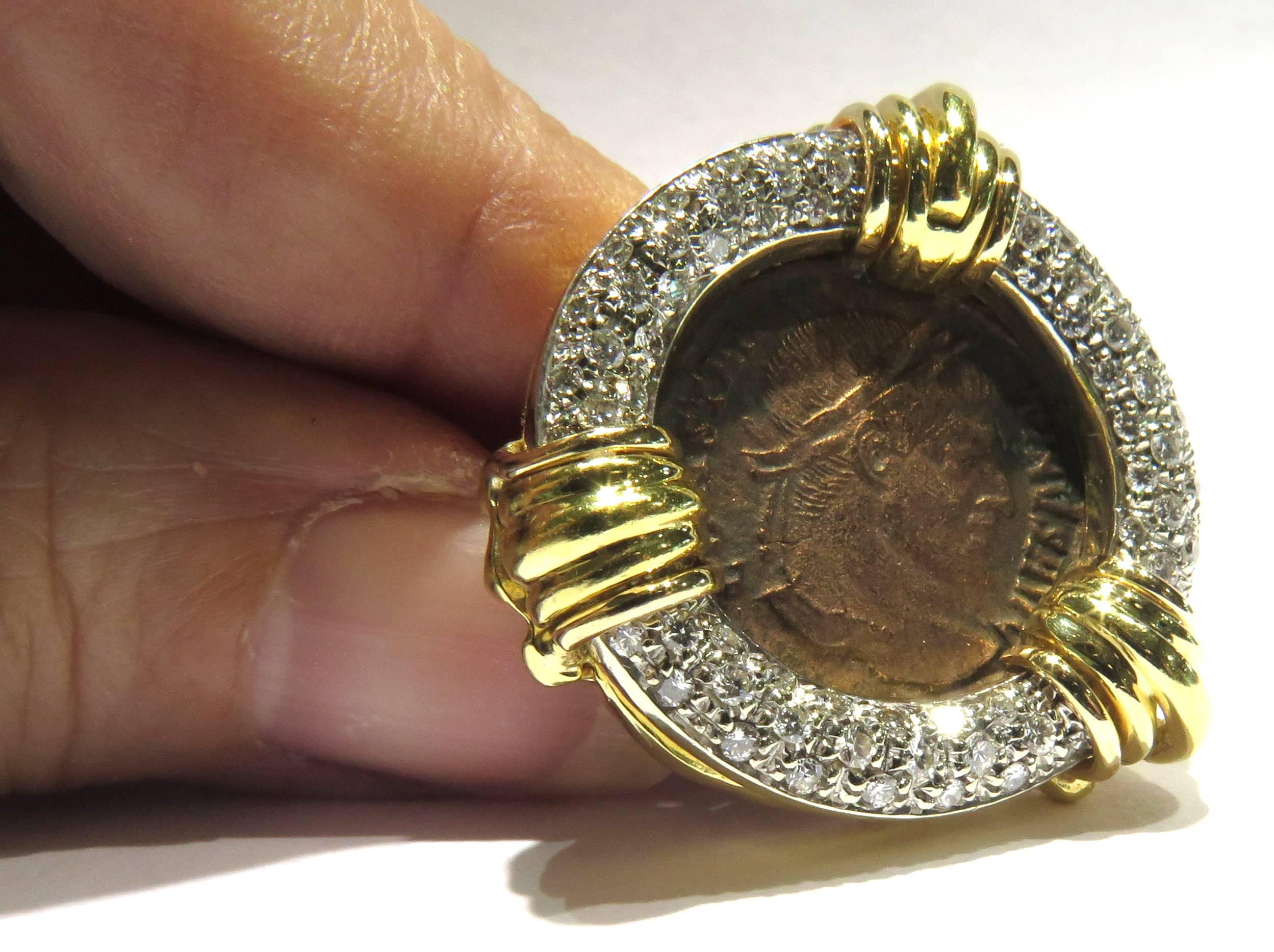 Incredible Pave Diamond Bezel Ancient Bronze Gold Coin Ring 1