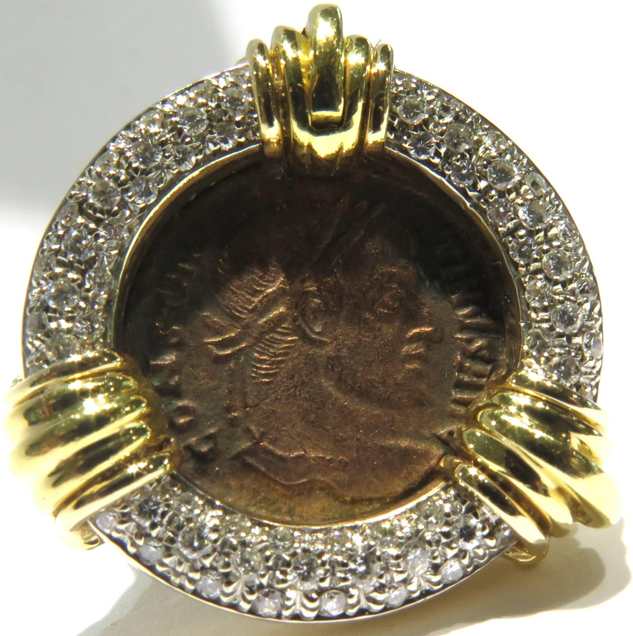 Incredible Pave Diamond Bezel Ancient Bronze Gold Coin Ring 2