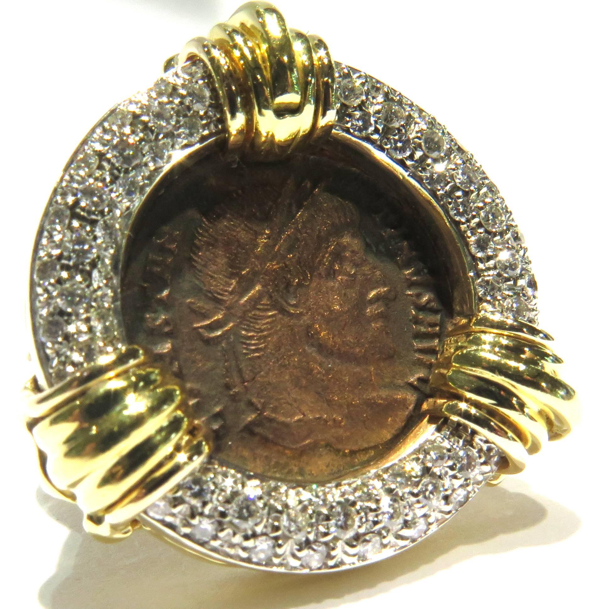 Incredible Pave Diamond Bezel Ancient Bronze Gold Coin Ring 3