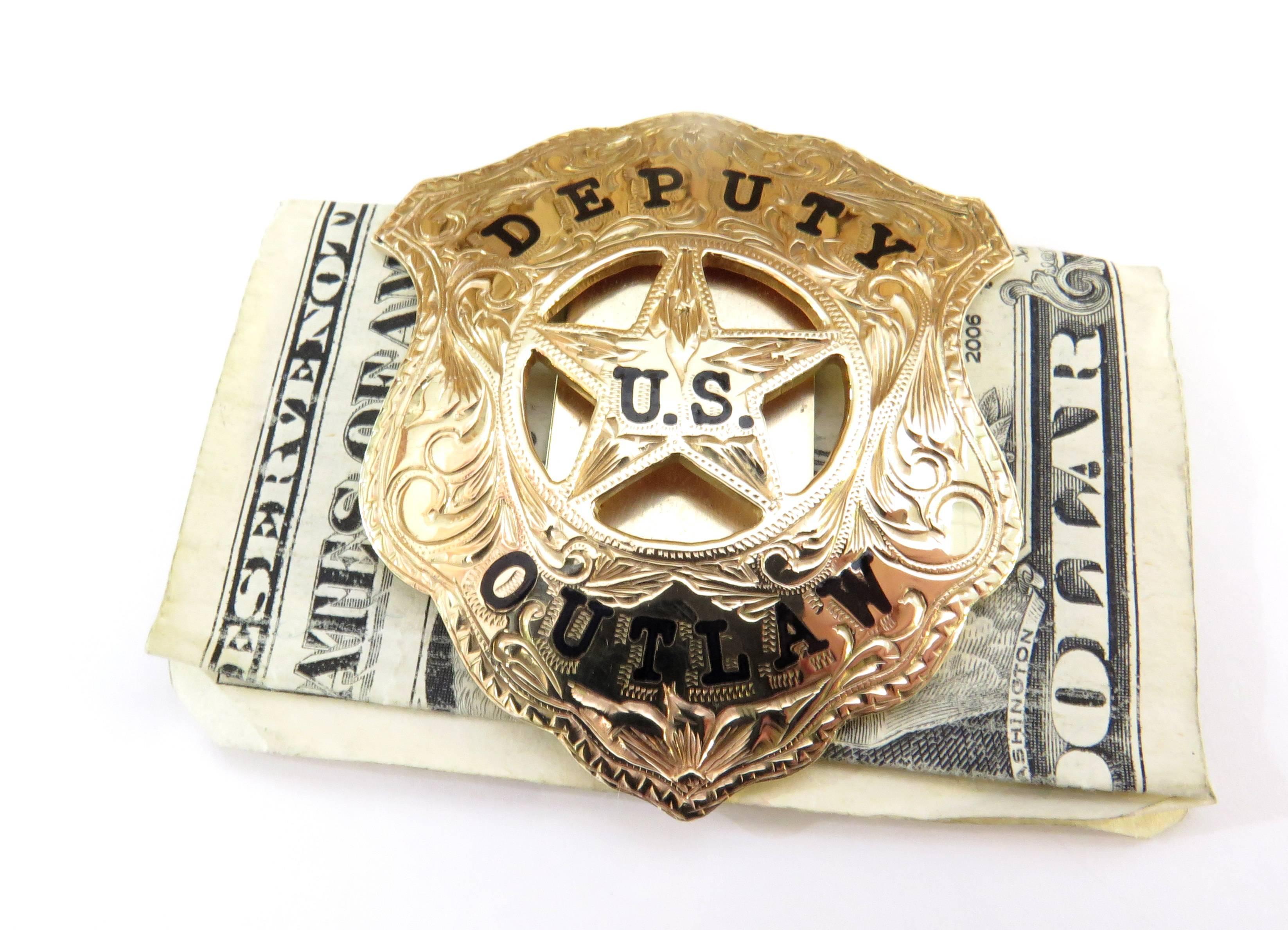 Women's or Men's Phenomenal Custom-Made Gold Deputy U.S. Outlaw Badge Enamel Money Clip For Sale
