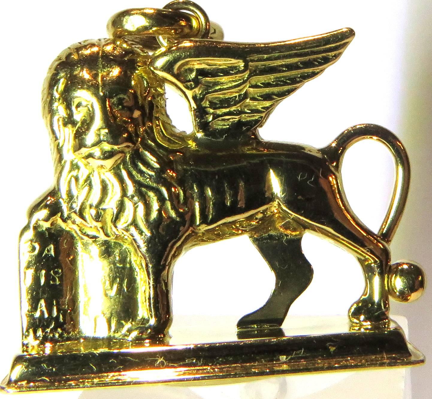This is the perfect 18k travel charm for Venice. The Lion of Saint Mark represents the Evangelist St. Mark. In the form of a winged lion holding a Bible and is the symbol of the city of Venice. This wonderful charm pendant has great detail and nice