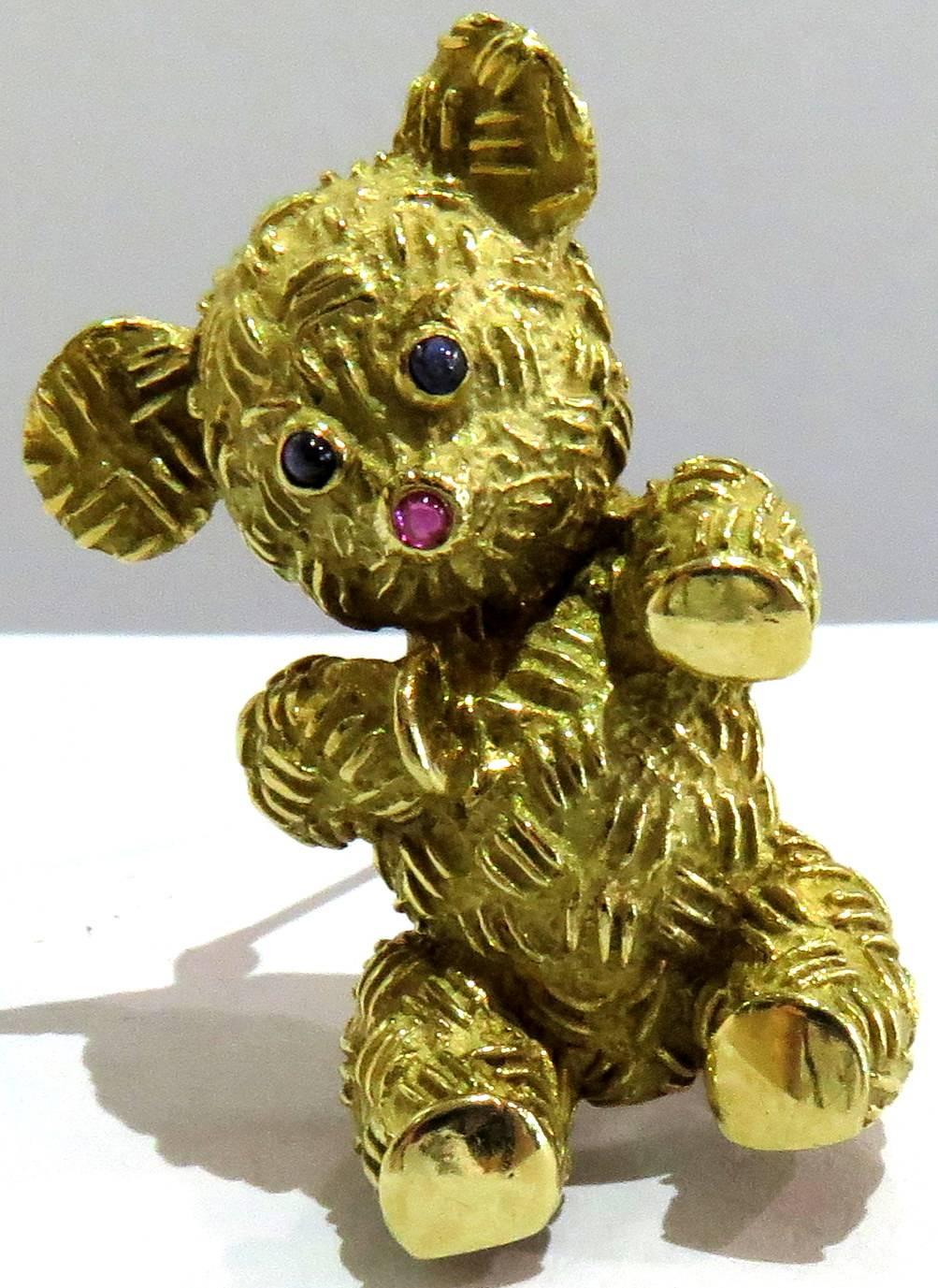 Adorable Gold Teddy Bear Pin with Ruby and Sapphires 1