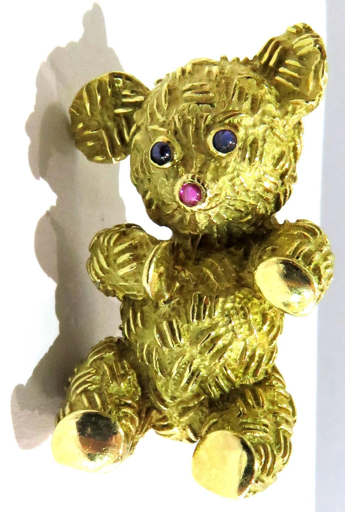 Adorable Gold Teddy Bear Pin with Ruby and Sapphires 4