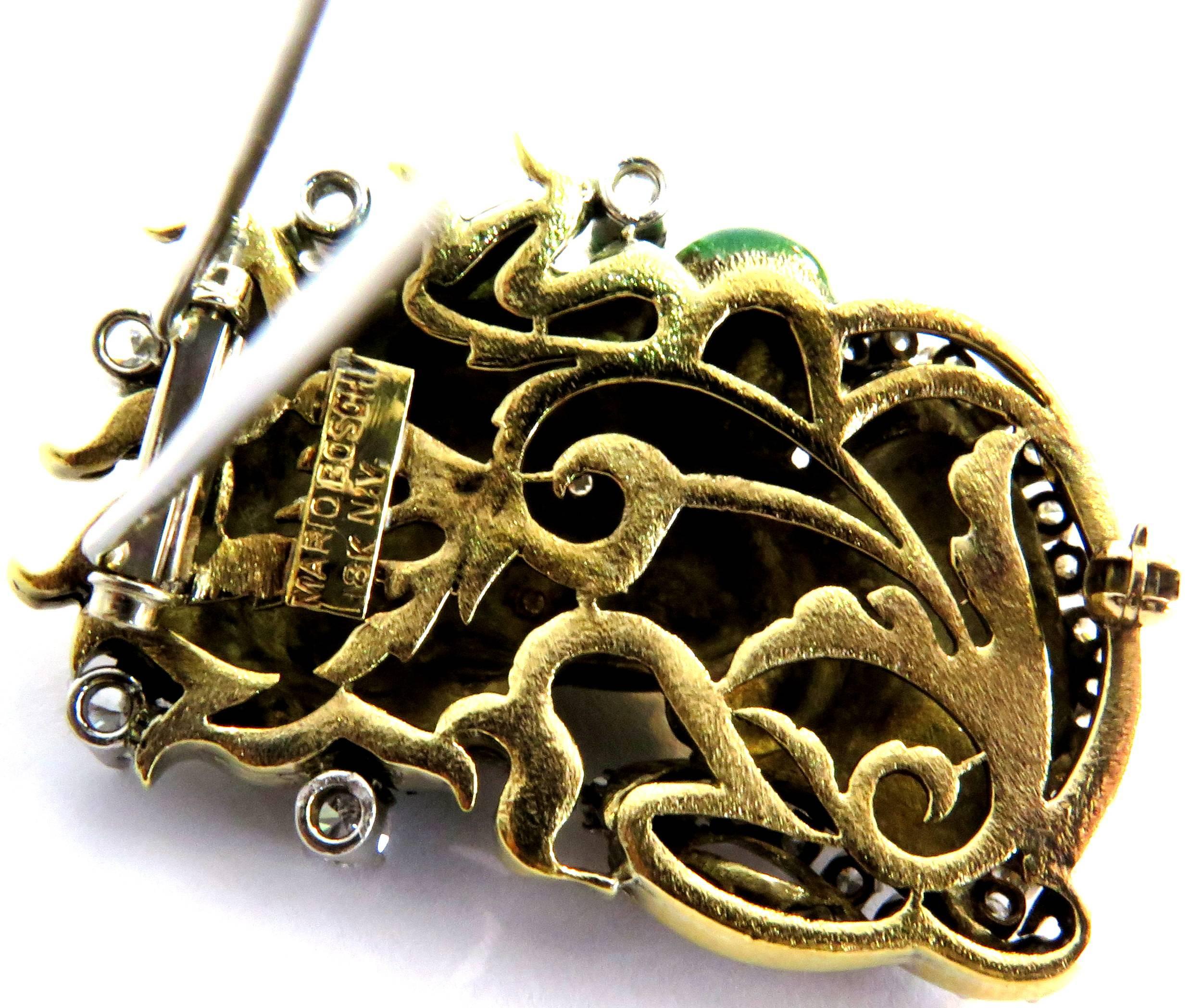 Dramatic Mario Boschi Gold Medusa Diamond Enamel Snake Pin In Excellent Condition For Sale In Palm Beach, FL
