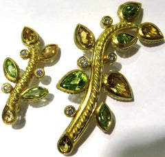 Pair of Judith Ripka Yellow Beryl Peridot Diamond Gold Branch Pins