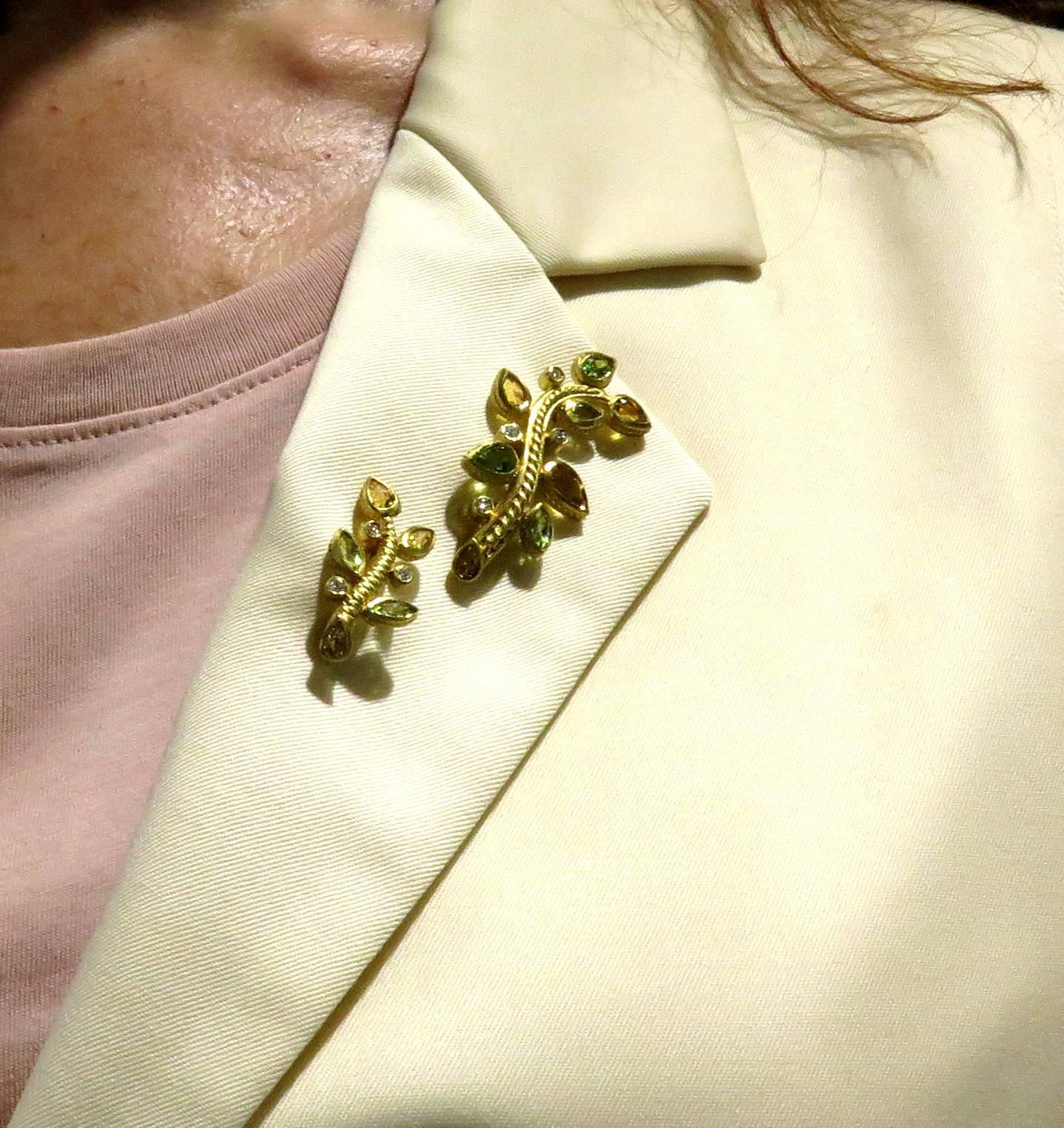 Women's or Men's Pair of Judith Ripka Yellow Beryl Peridot Diamond Gold Branch Pins For Sale