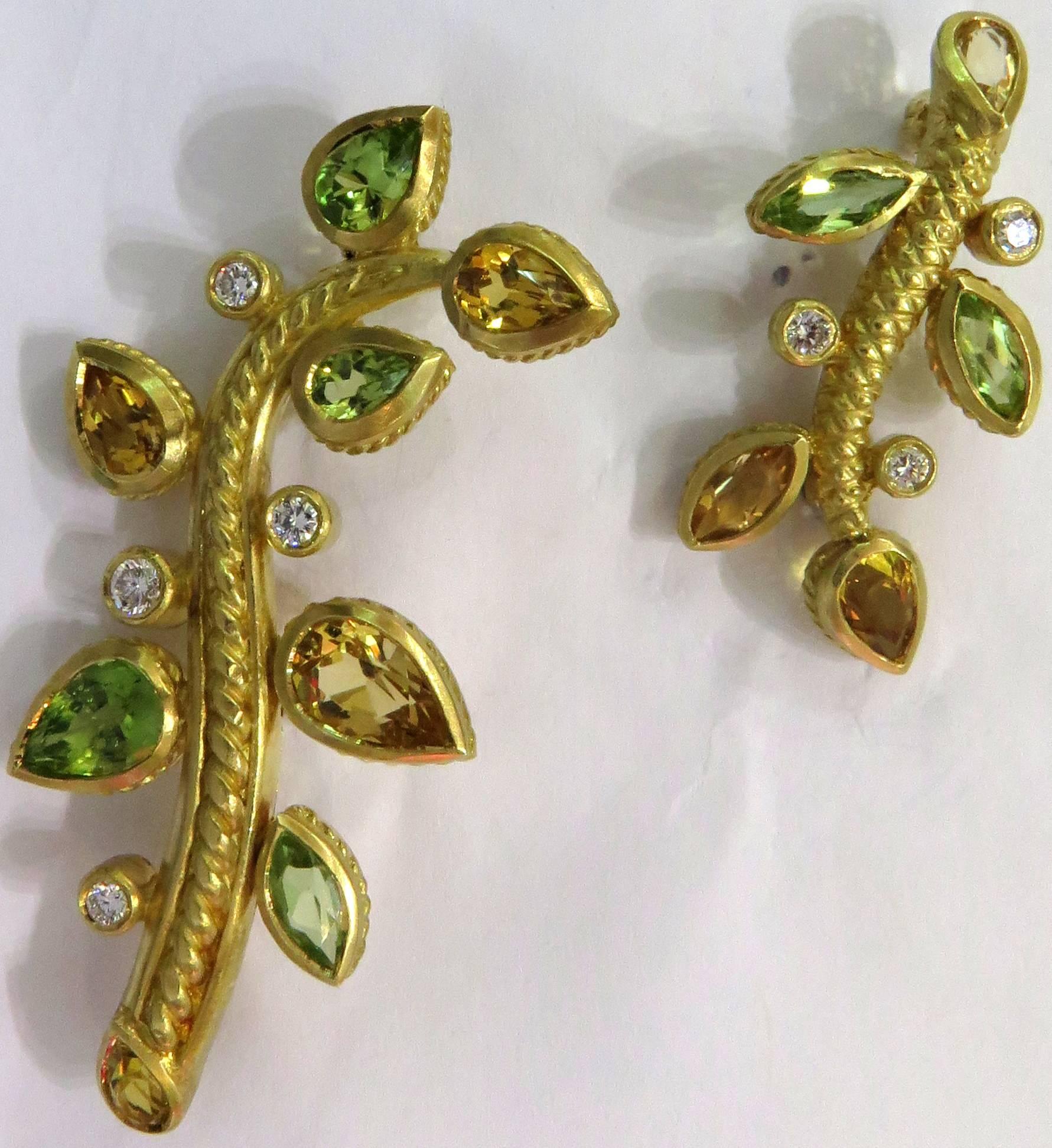 Pair of Judith Ripka Yellow Beryl Peridot Diamond Gold Branch Pins For Sale 3