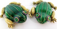 Huge Pair of Green and Blue Enamel Gold Frog Pins with Emerald Eyes