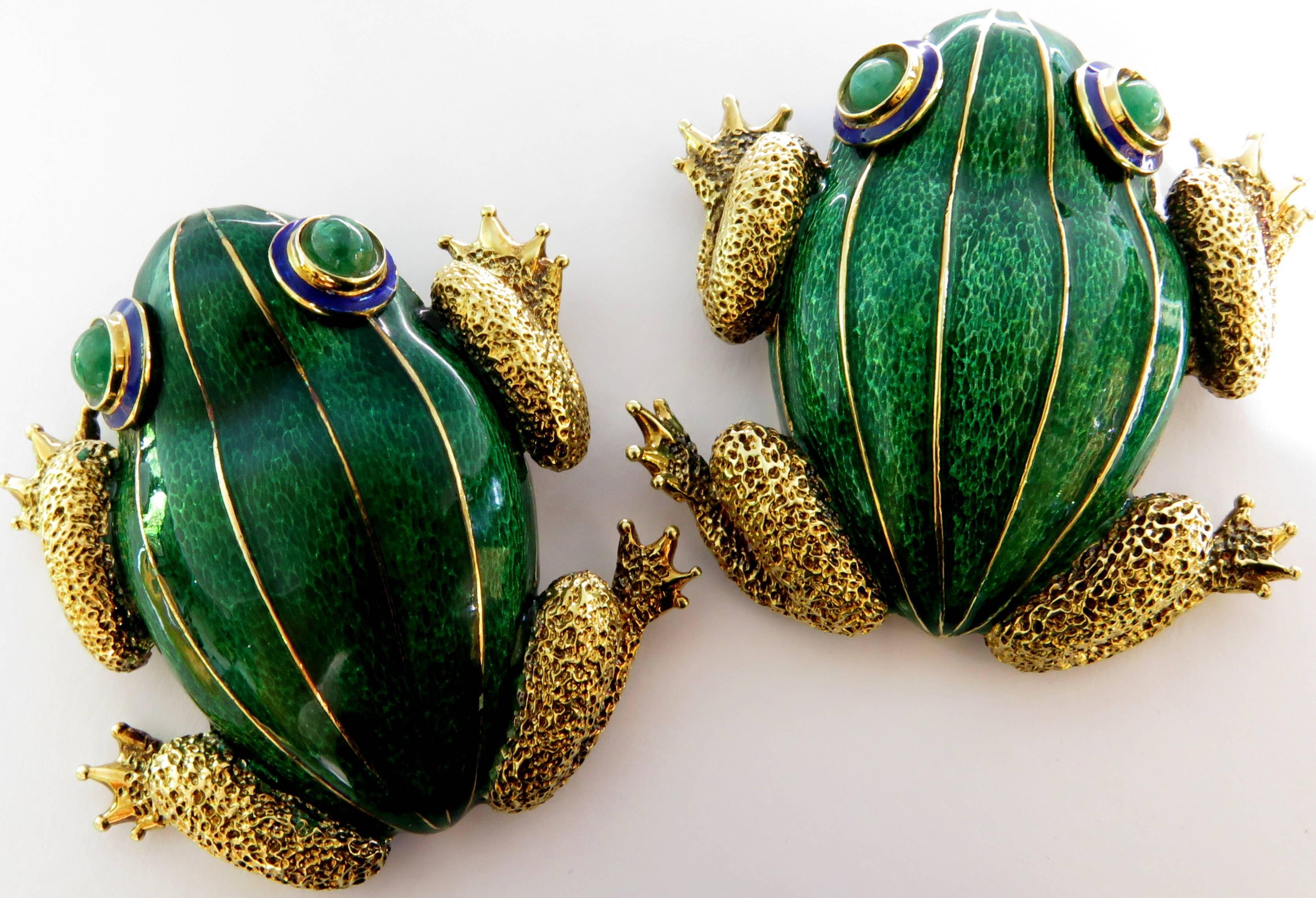 Women's or Men's Huge Pair of Green and Blue Enamel Gold Frog Pins with Emerald Eyes