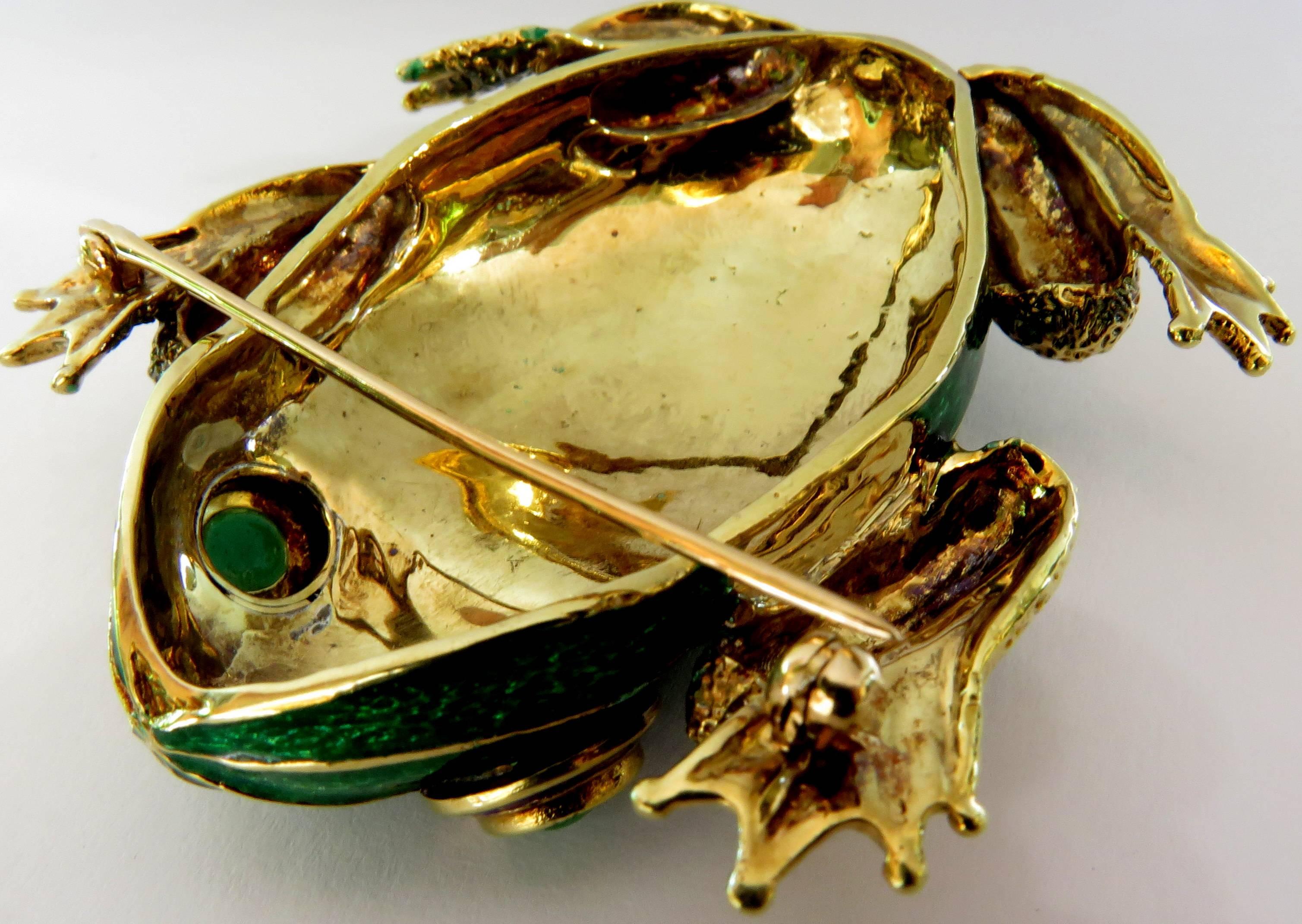 Huge Pair of Green and Blue Enamel Gold Frog Pins with Emerald Eyes 1