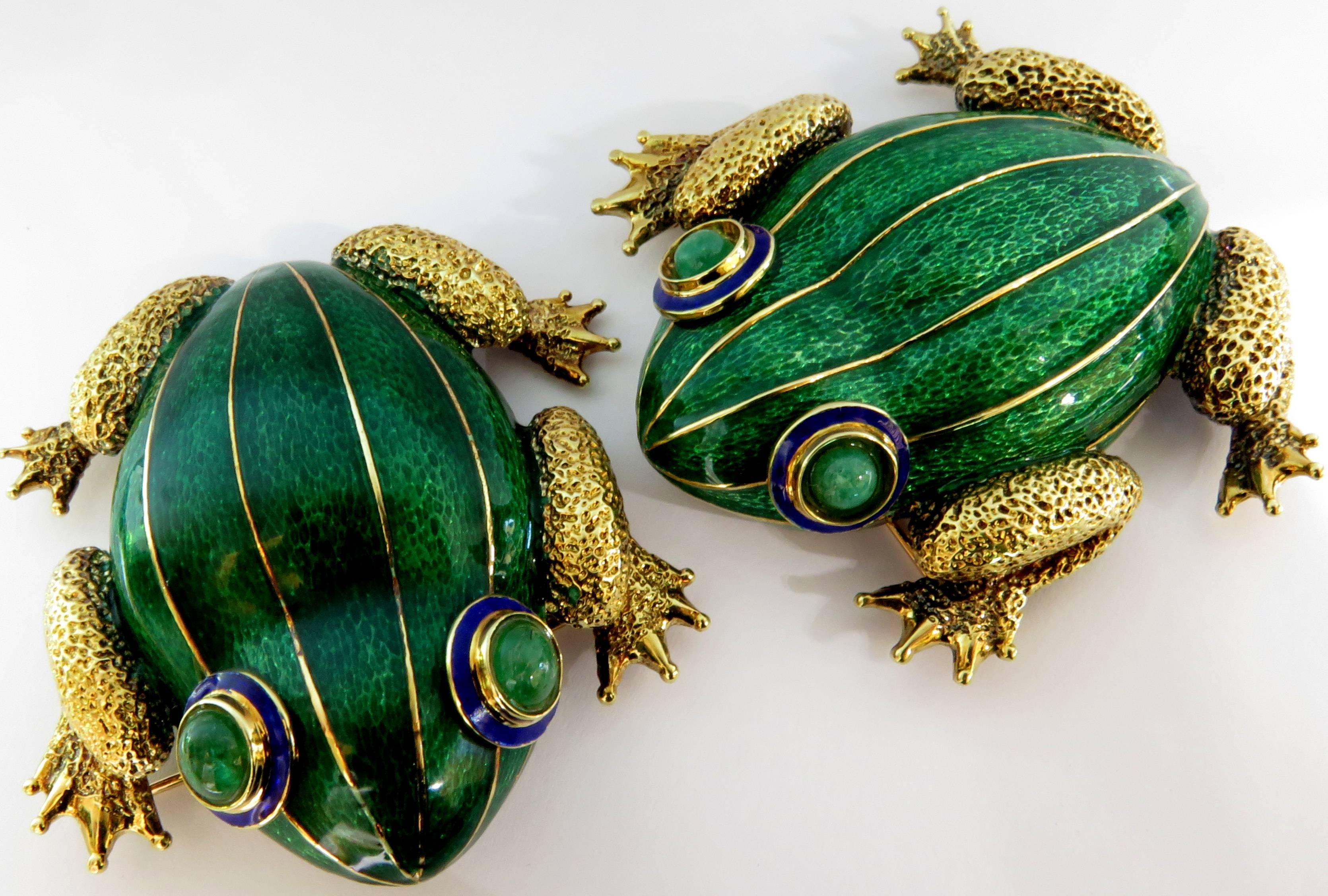 Huge Pair of Green and Blue Enamel Gold Frog Pins with Emerald Eyes 3