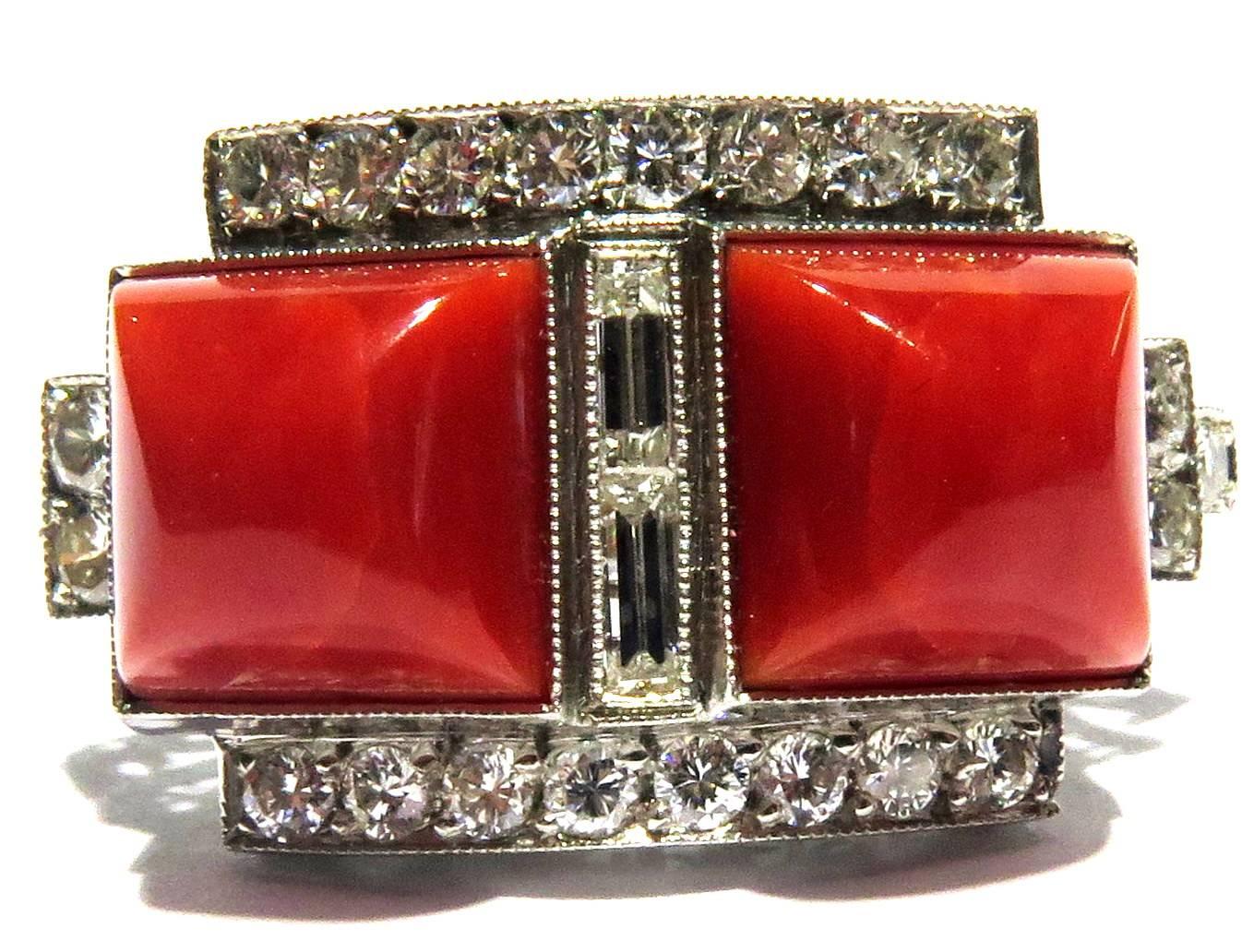 Art Deco Superb Diamond Coral Platinum Ring
