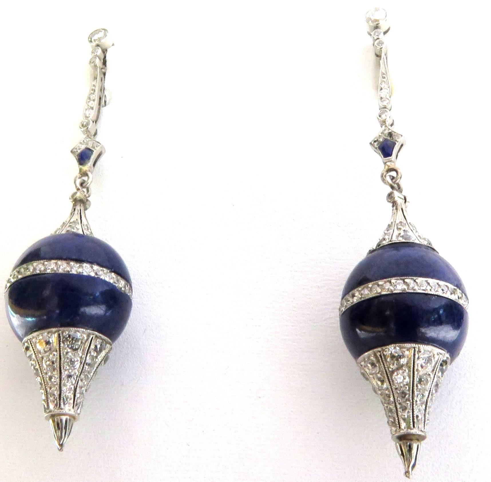 Art Deco Diamond Lapis Platinum Pendulum Design Post Drop Earrings