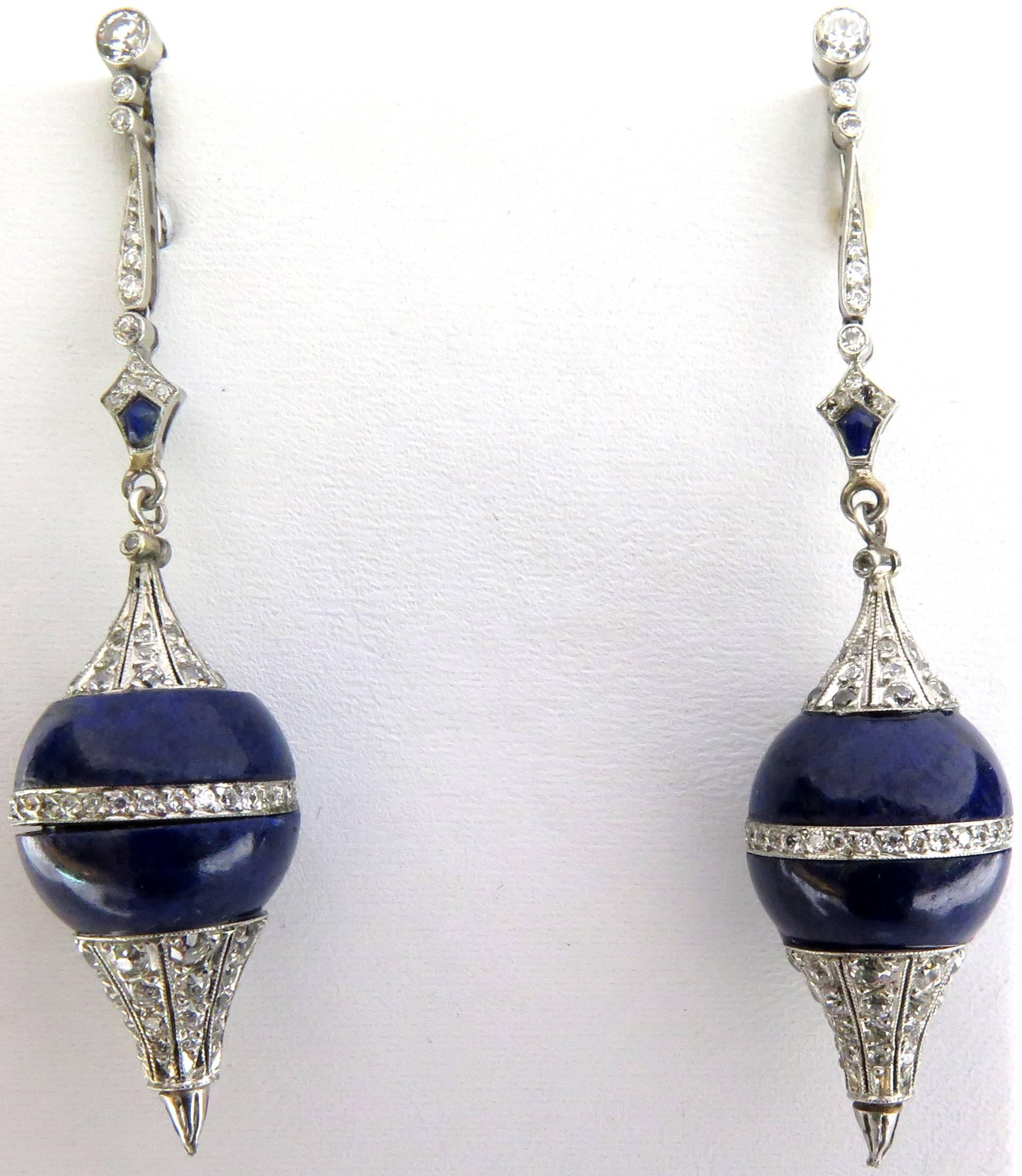 Women's or Men's Diamond Lapis Platinum Pendulum Design Post Drop Earrings