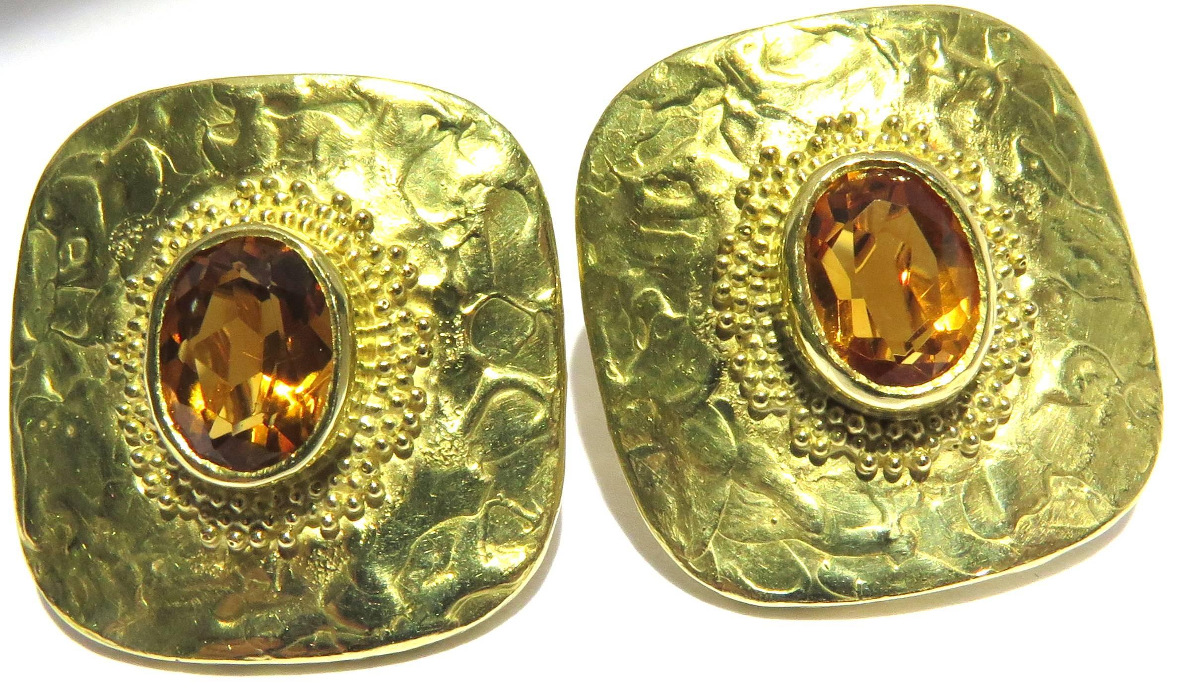 Modernist  Ed Wiener Gold Topaz Etruscan Design Earrings For Sale
