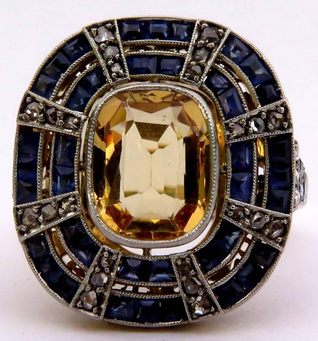 Fantastic Art Deco Blue and Yellow Sapphire Diamond Platinum and Gold Ring In Excellent Condition In Palm Beach, FL