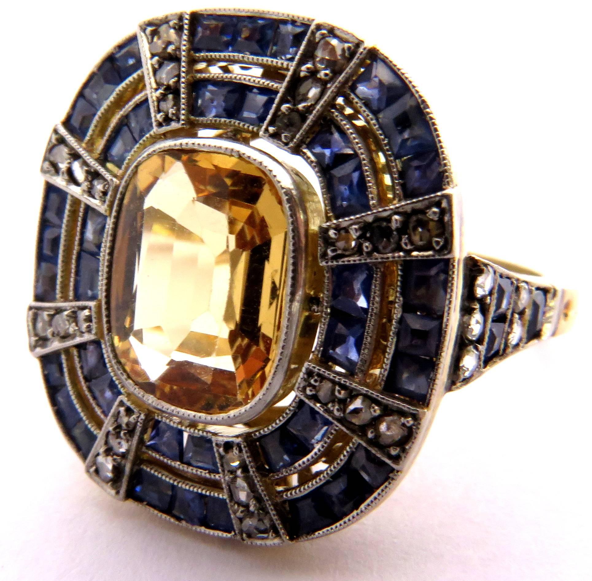 Fantastic Art Deco Blue and Yellow Sapphire Diamond Platinum and Gold Ring 1