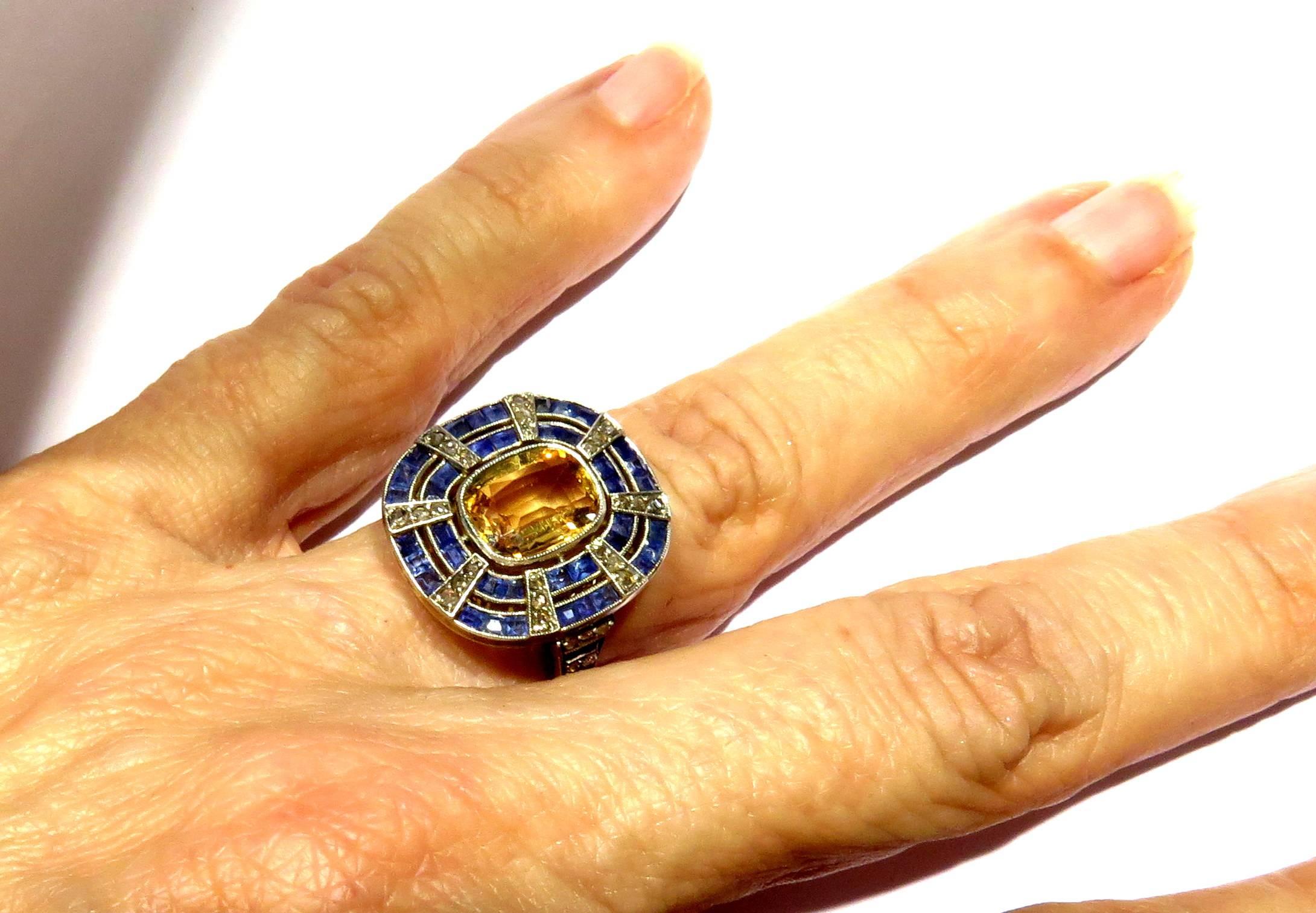Fantastic Art Deco Blue and Yellow Sapphire Diamond Platinum and Gold Ring 2