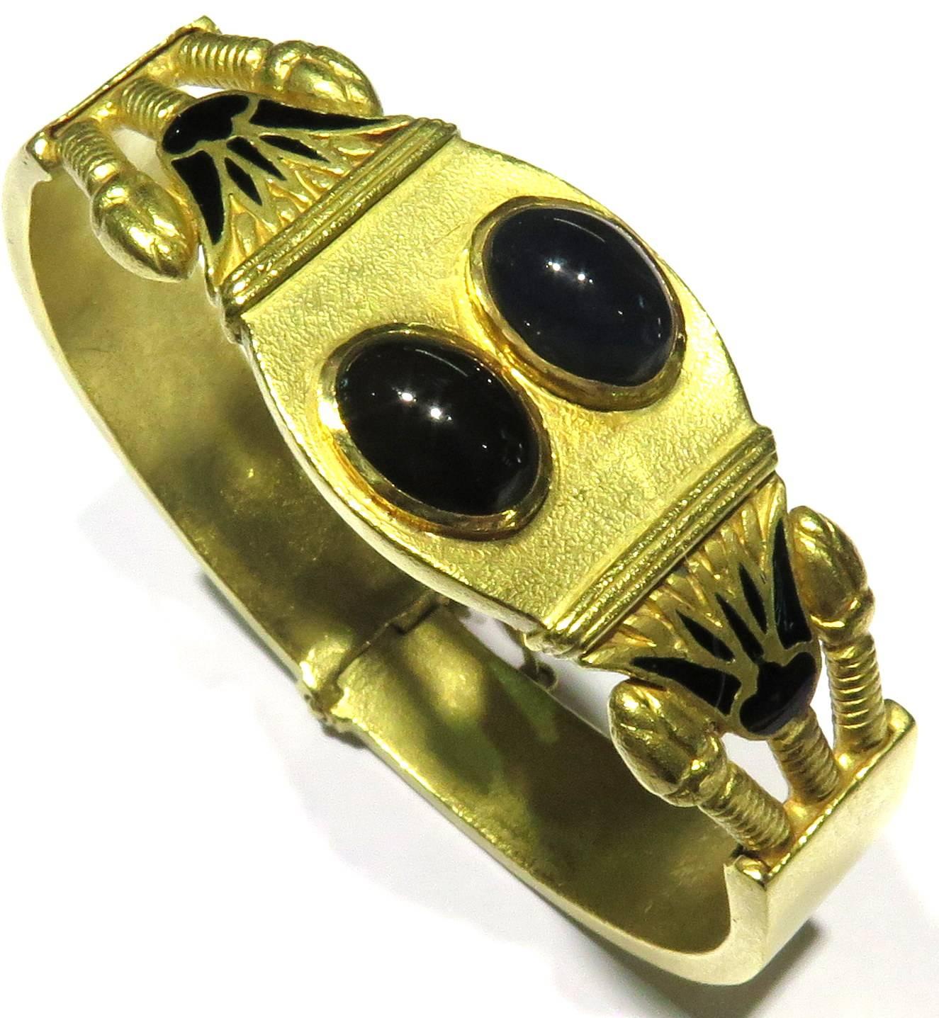 Egyptian Revival Unique Enamel Onyx Egyptian Motif Signed Yellow Gold Hinged Bangle Bracelet