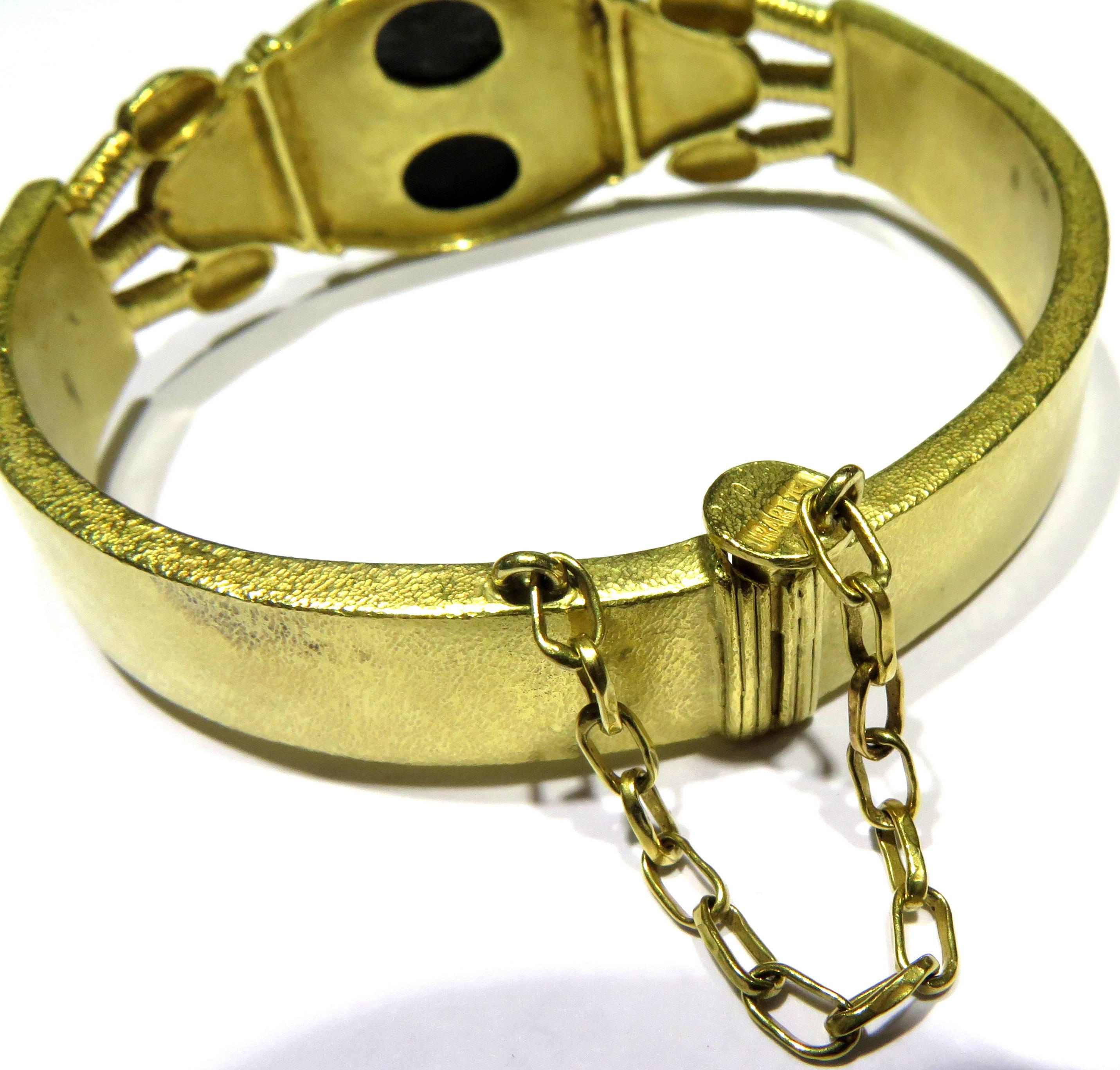 Unique Enamel Onyx Egyptian Motif Signed Yellow Gold Hinged Bangle Bracelet 1