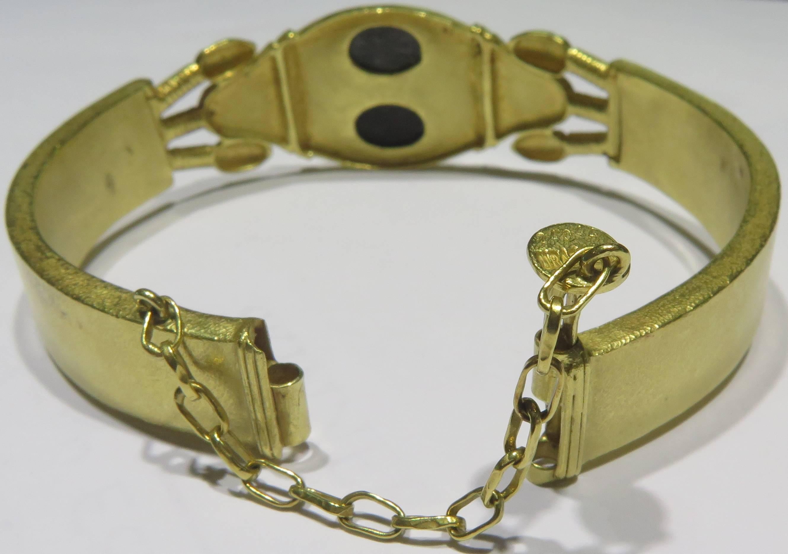 Unique Enamel Onyx Egyptian Motif Signed Yellow Gold Hinged Bangle Bracelet 2