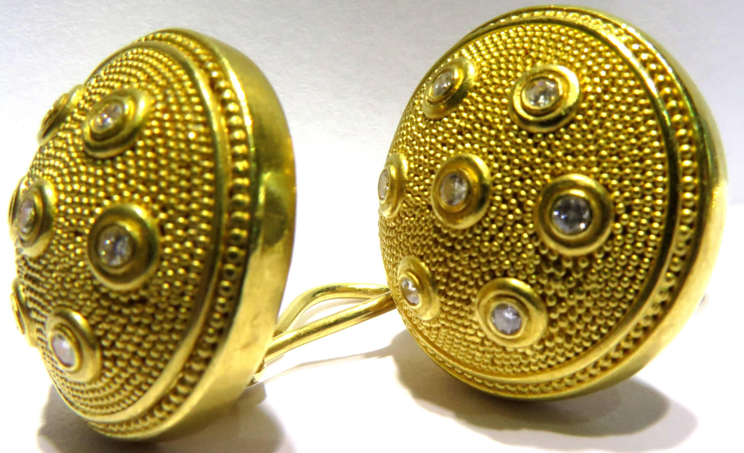 Reinstein Ross Incredible Diamond Etruscan Style 22 Karat Gold Clip Earrings In Excellent Condition For Sale In Palm Beach, FL