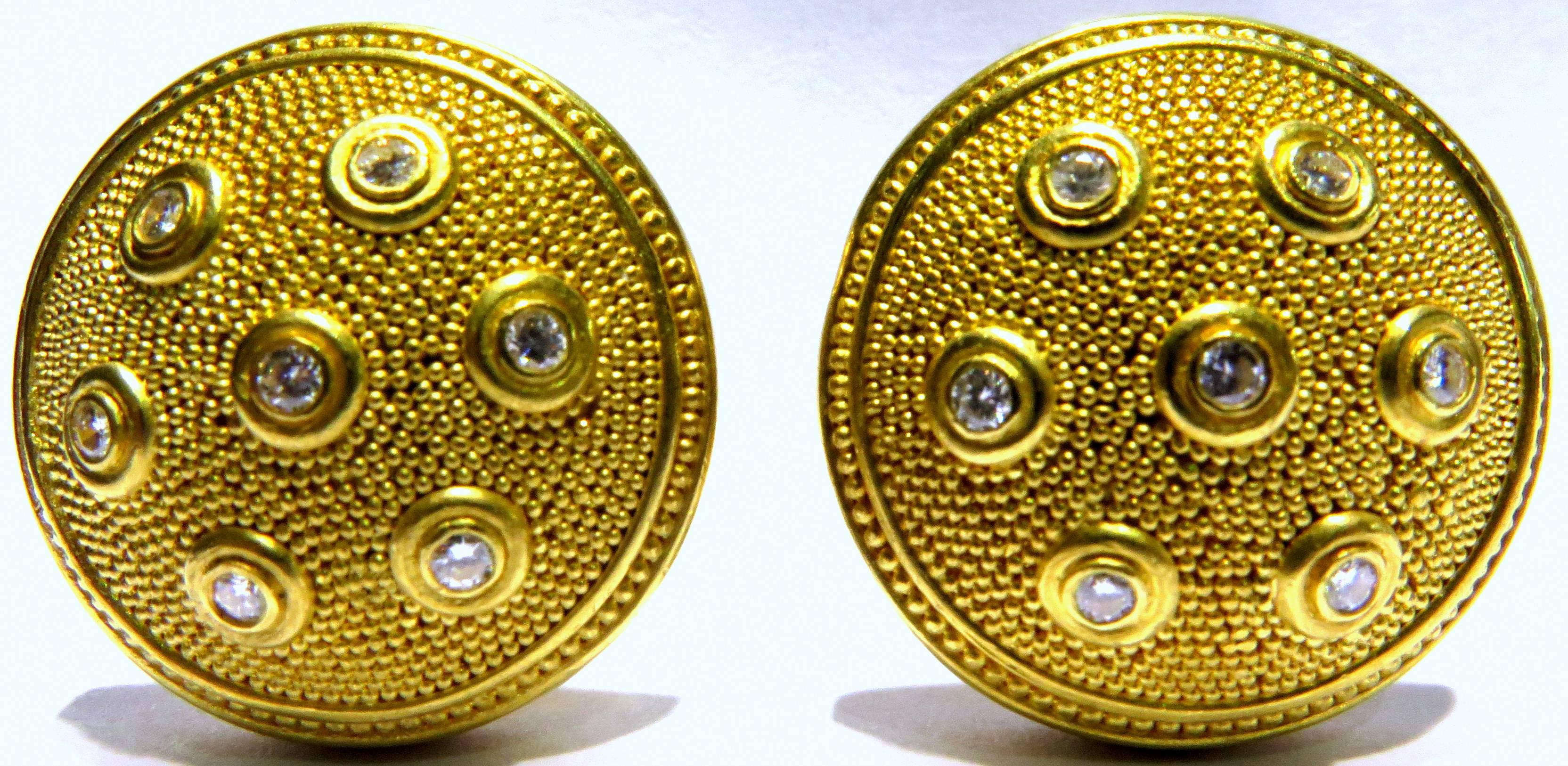 Reinstein Ross Incredible Diamond Etruscan Style 22 Karat Gold Clip Earrings For Sale 1