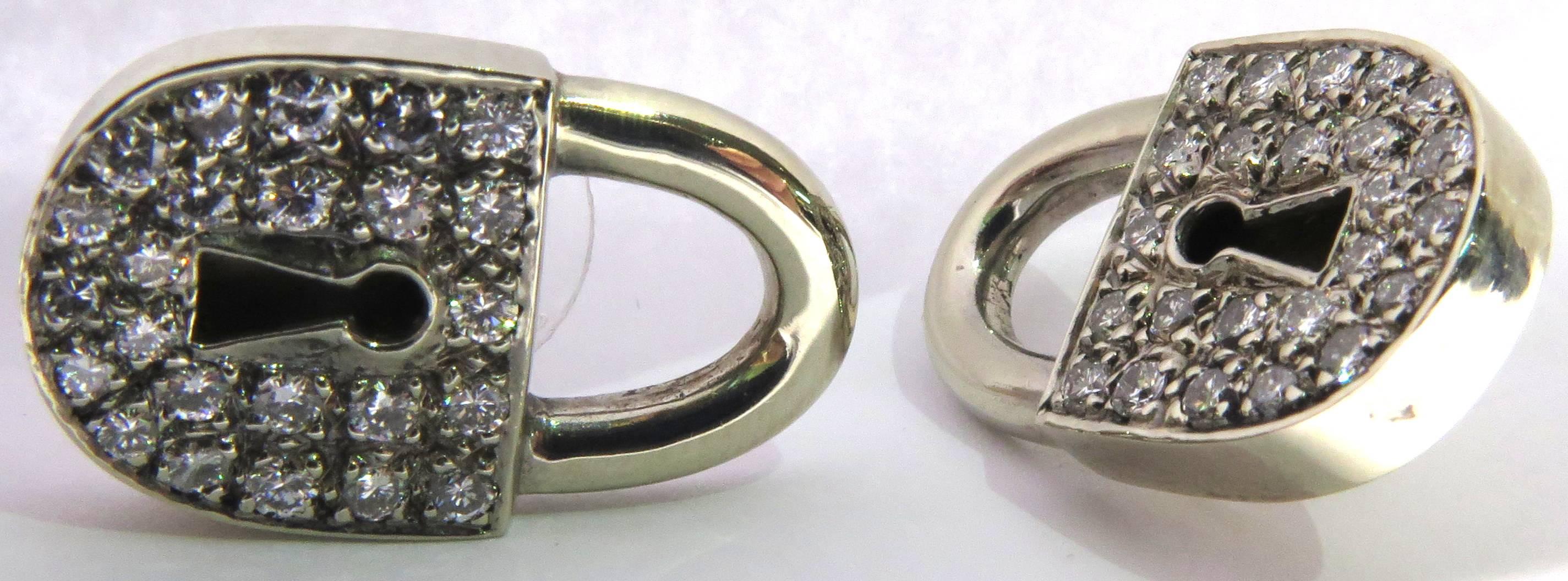 Unique Diamond White Gold Post Lock Motif Earrings For Sale 1